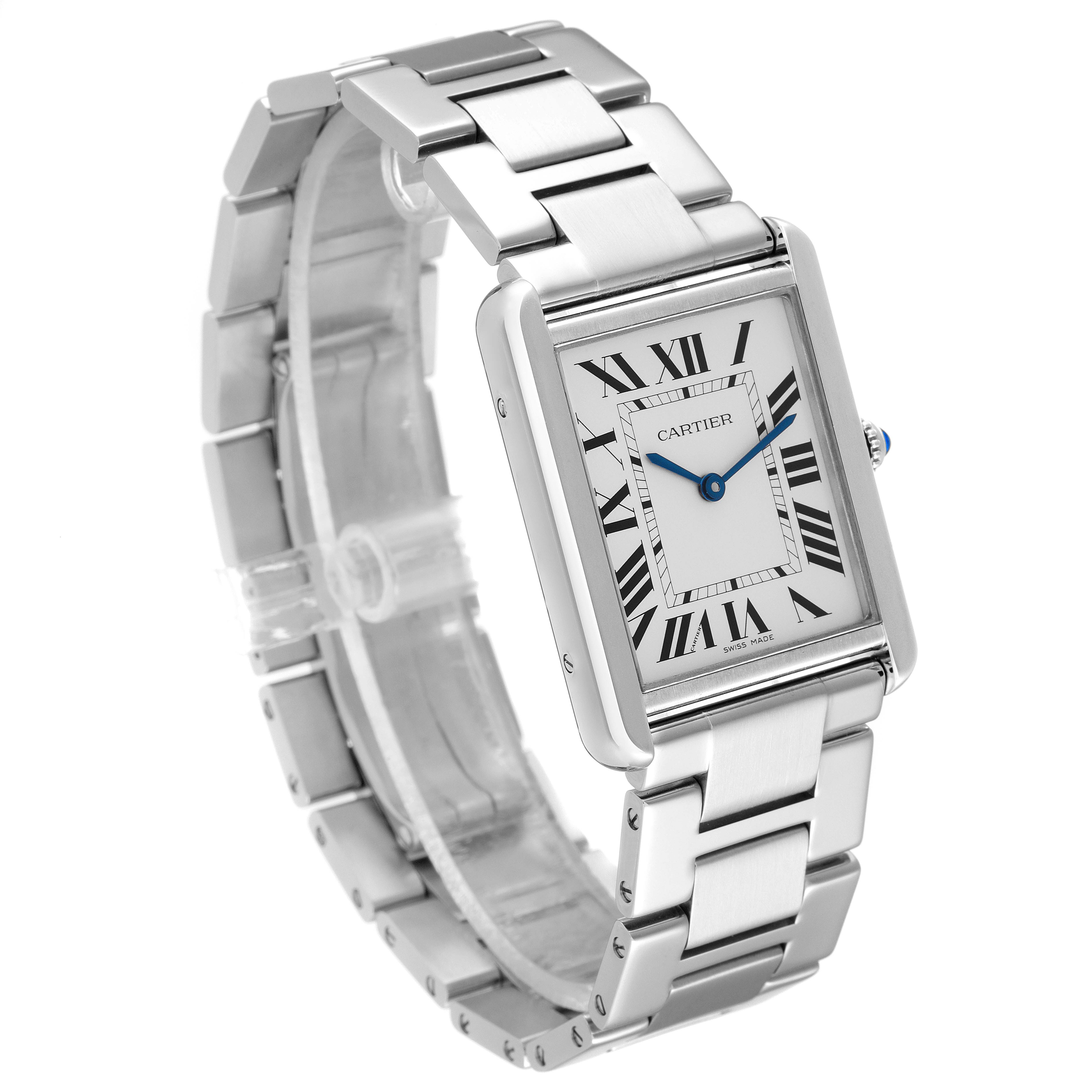 The image shows a Cartier Tank Solo W5200014 Men
s Stainless Steel Silver Dial W5200014 Men
s Stainless Steel Silver Dial watch at a three-quarter angle, highlighting its face, bracelet, and clasp.