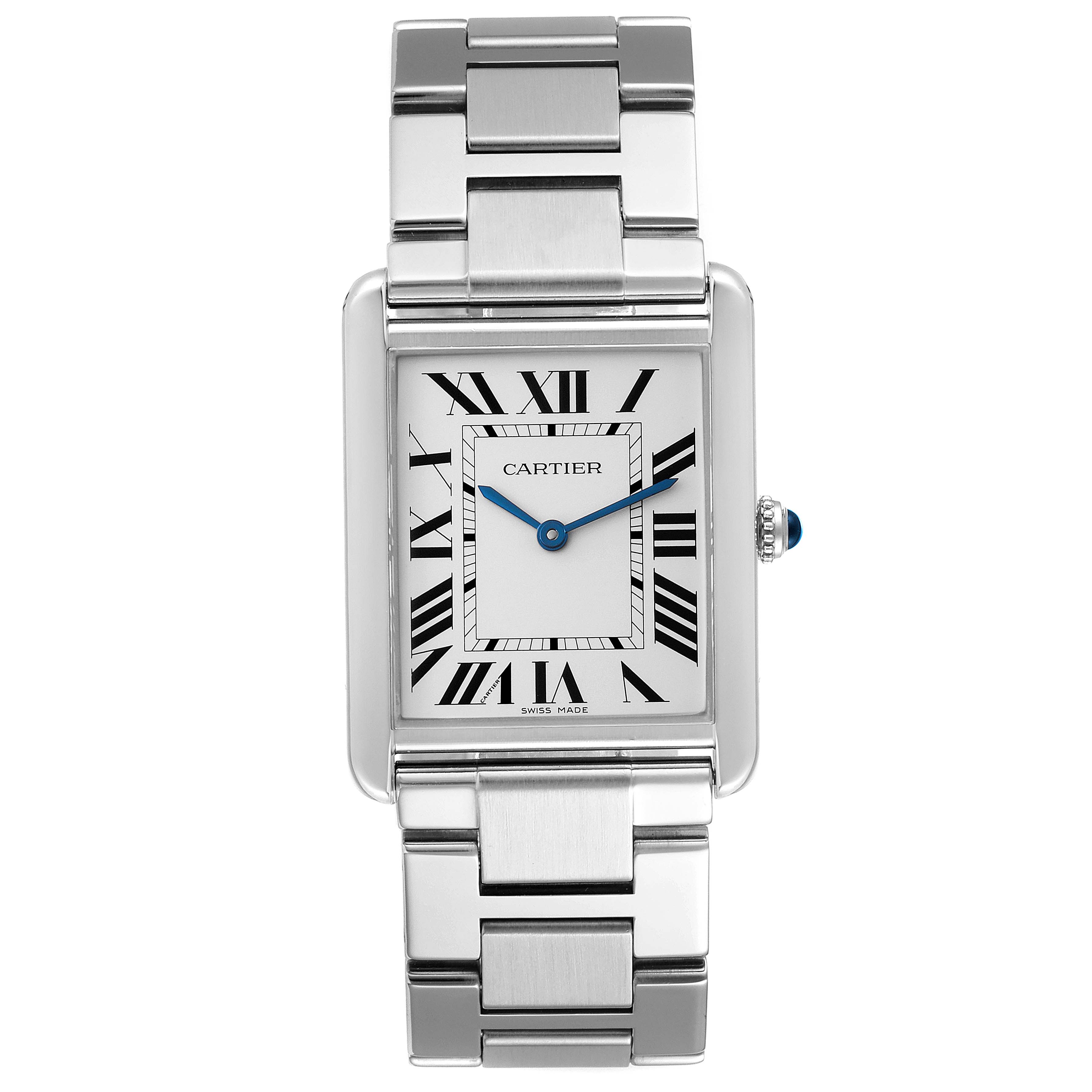 The image shows a front view of the Cartier Tank Solo W5200014 Men
s Stainless Steel Silver Dial W5200014 Men
s Stainless Steel Silver Dial watch, displaying its face, bracelet, and crown.