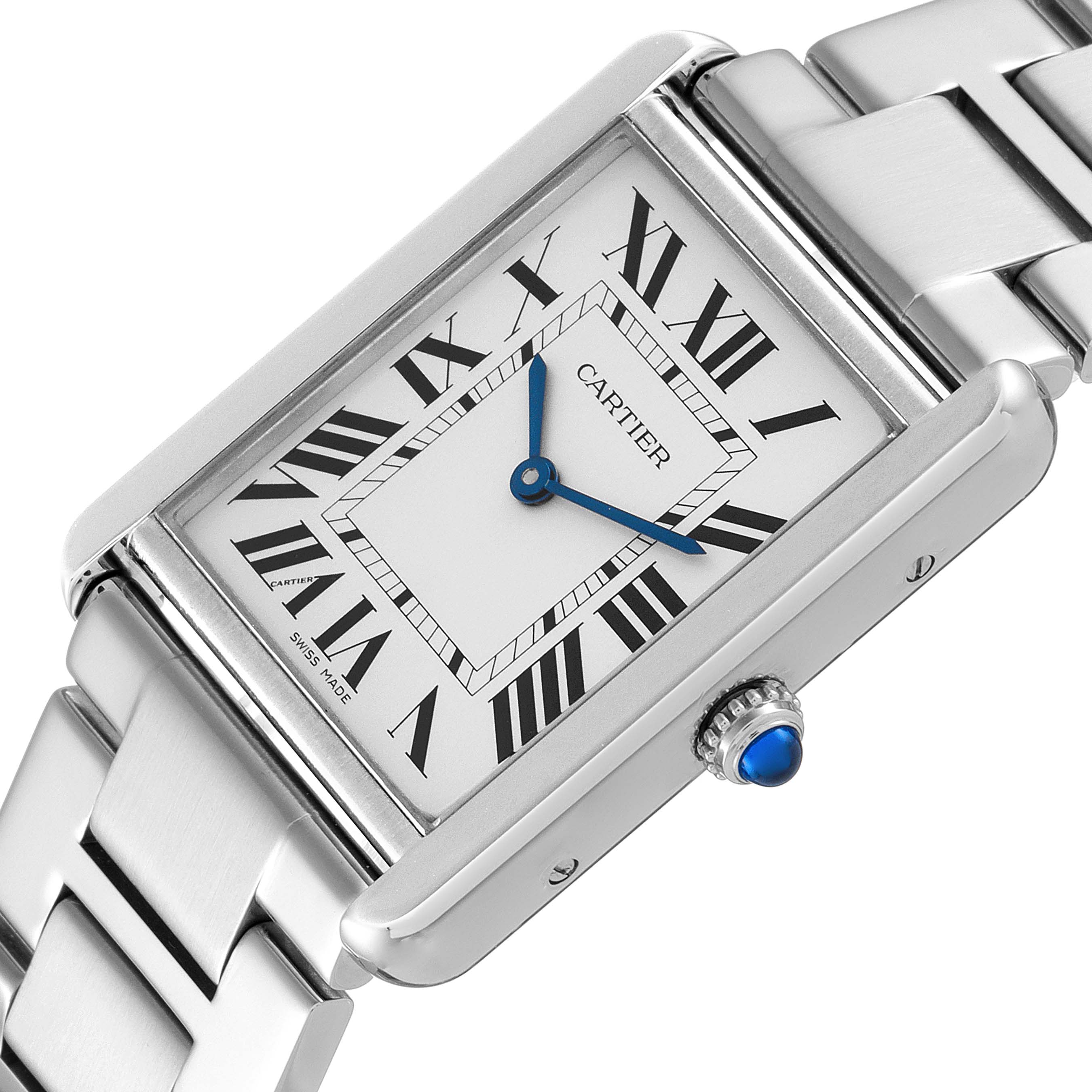 The Cartier Tank Solo W5200014 Men
s Stainless Steel Silver Dial W5200014 Men
s Stainless Steel Silver Dial watch is shown from an angled top view highlighting its square face, Roman numerals, and steel bracelet.