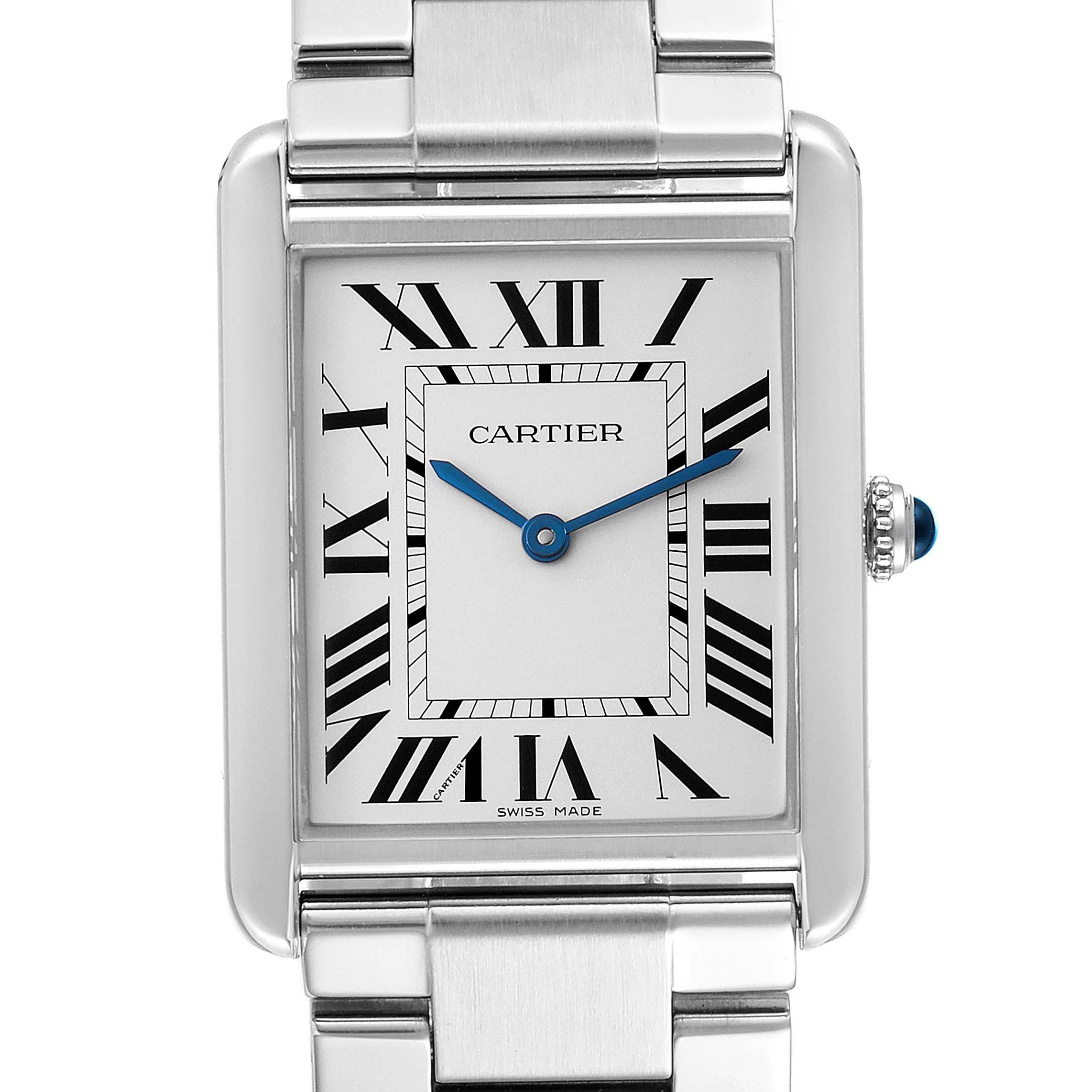 This image shows a front view of the Cartier Tank Solo W5200014 Men
s Stainless Steel Silver Dial W5200014 Men
s Stainless Steel Silver Dial watch, highlighting its face, bezel, and part of the bracelet.