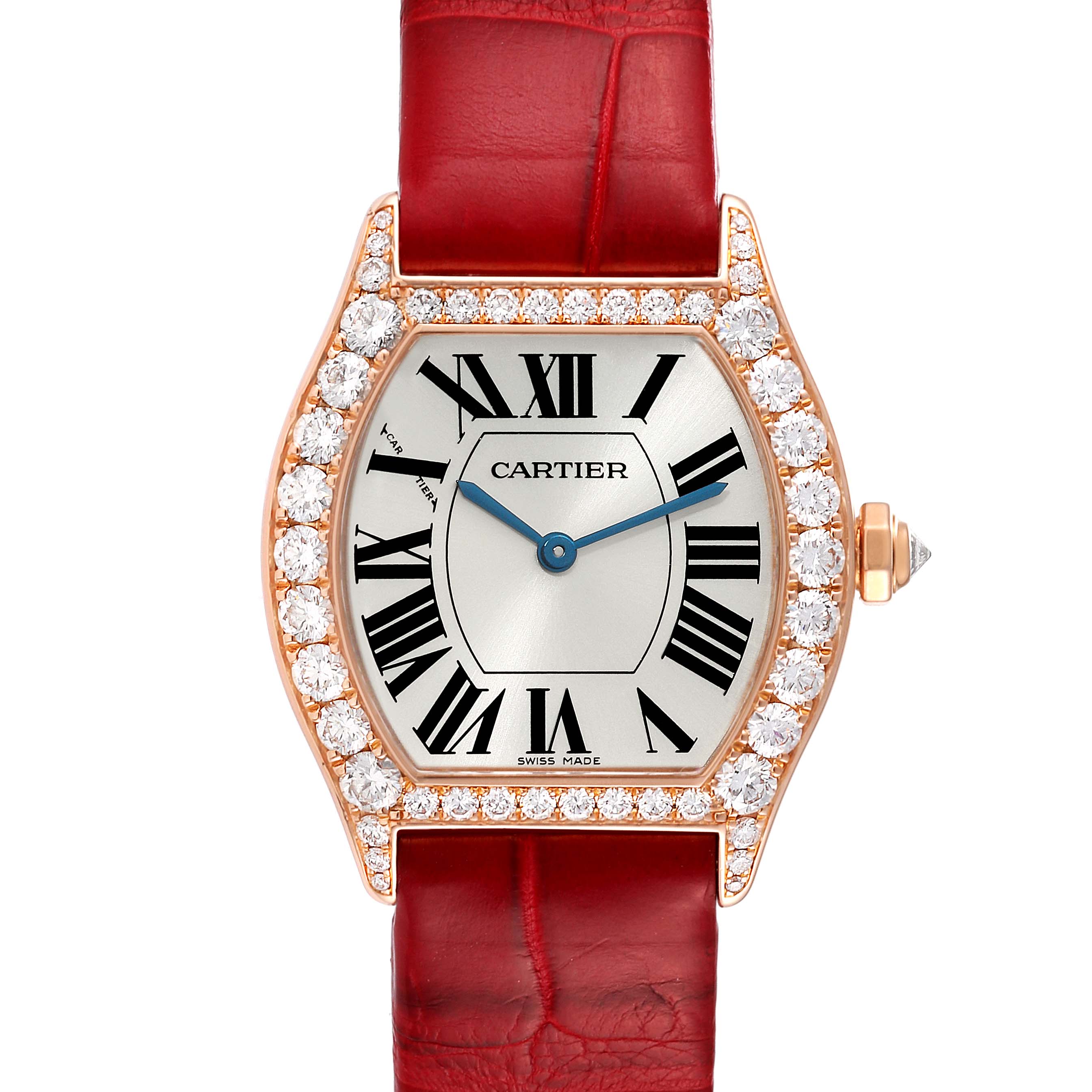 The image shows a front view of a Cartier Tortue WA507031 Women's Rose Gold Silver Dial WA507031 Women's Rose Gold Silver Dial watch, highlighting its face, diamond bezel, and red leather strap.