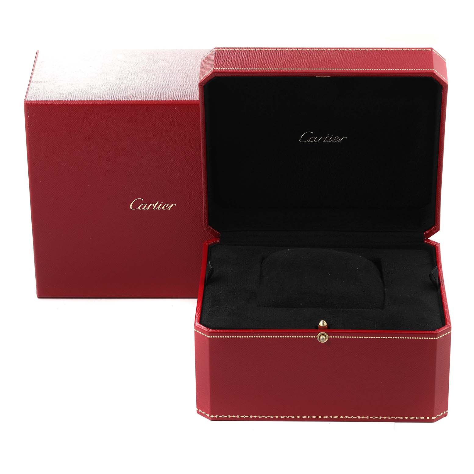 This image shows the open and closed red leather Cartier box for the Tortue model.