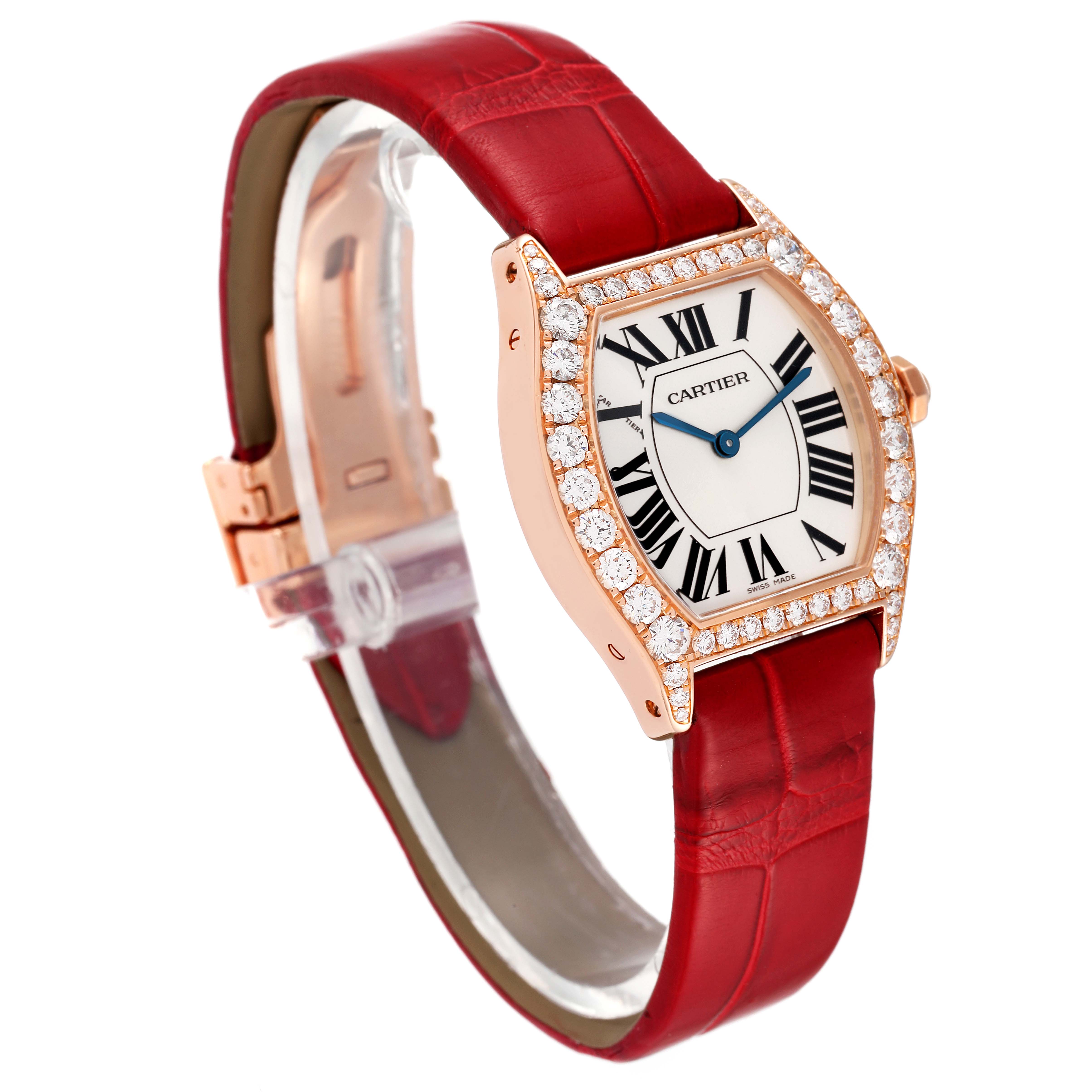 This Cartier Tortue WA507031 Women's Rose Gold Silver Dial WA507031 Women's Rose Gold Silver Dial watch is shown at a slight angle, featuring the face, case, and a red leather strap.