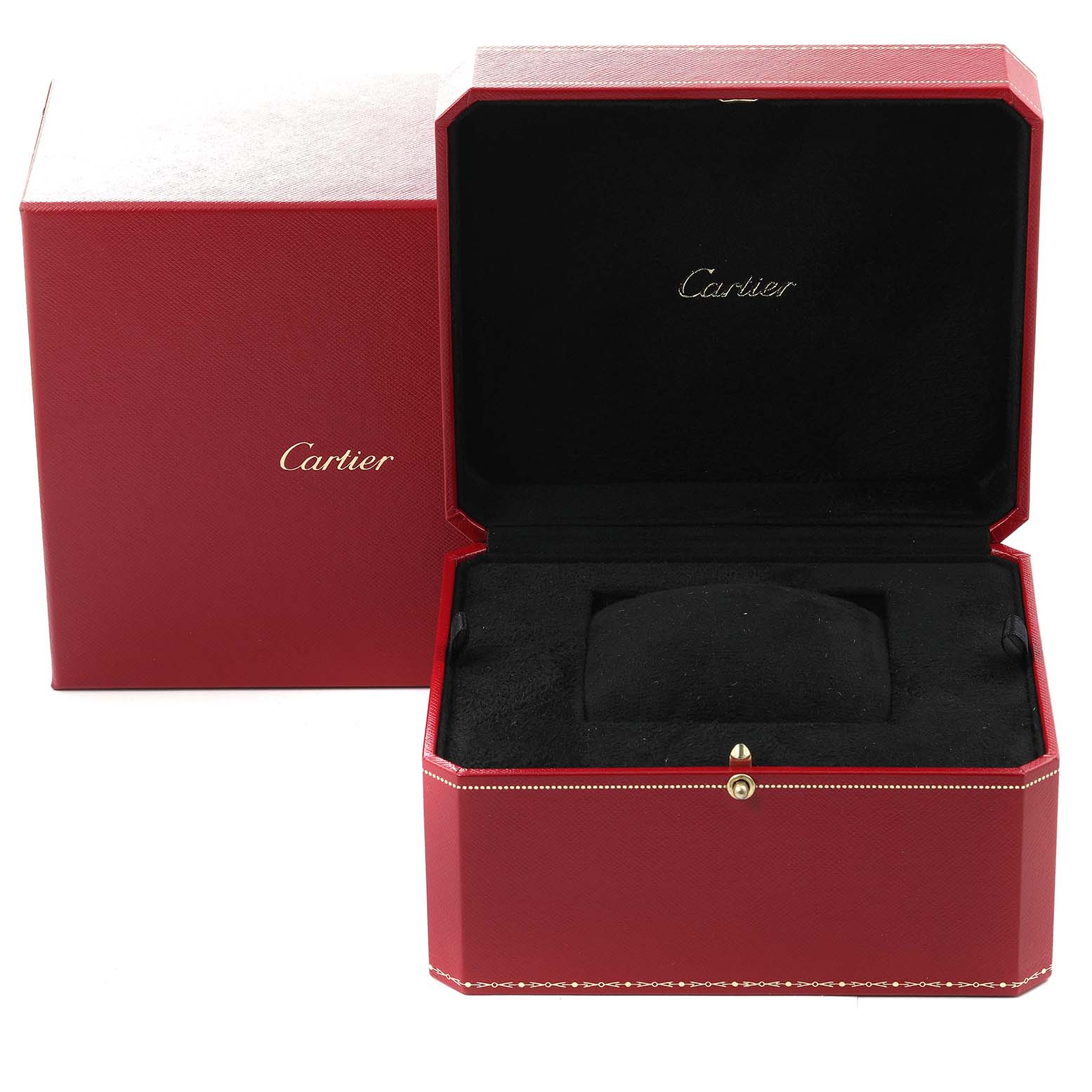 The image shows an open red Cartier watch box for the Tortue model, featuring a cushion and the Cartier logo inside.