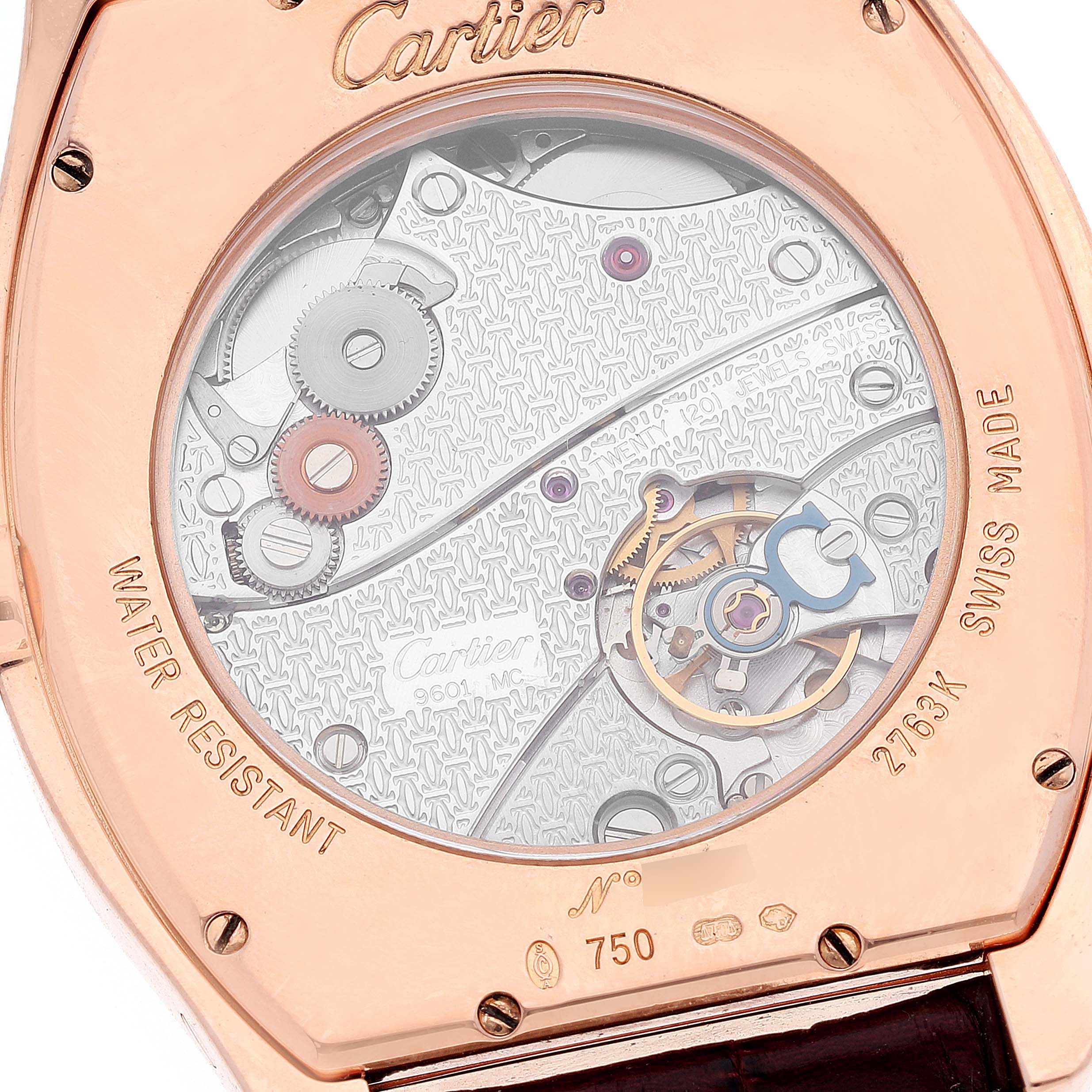 The image shows the back of a Cartier Tortue W1546051 Men's Rose Gold Silver Dial W1546051 Men's Rose Gold Silver Dial watch, highlighting its intricate mechanical movement.