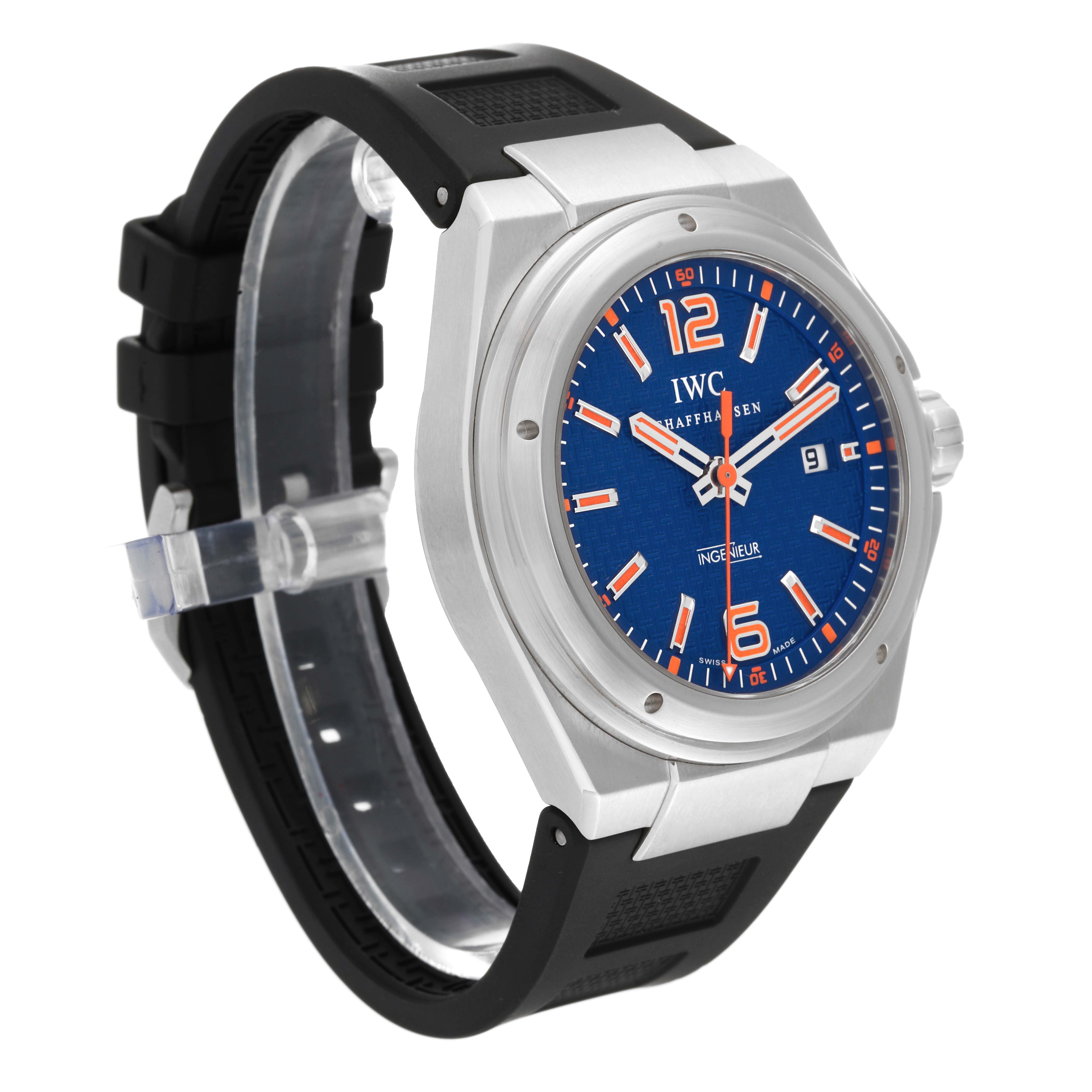 The IWC Ingenieur IW323603 Men's Stainless Steel Blue Dial IW323603 Men's Stainless Steel Blue Dial watch is shown at an angle showcasing the blue dial, case, and black rubber strap.