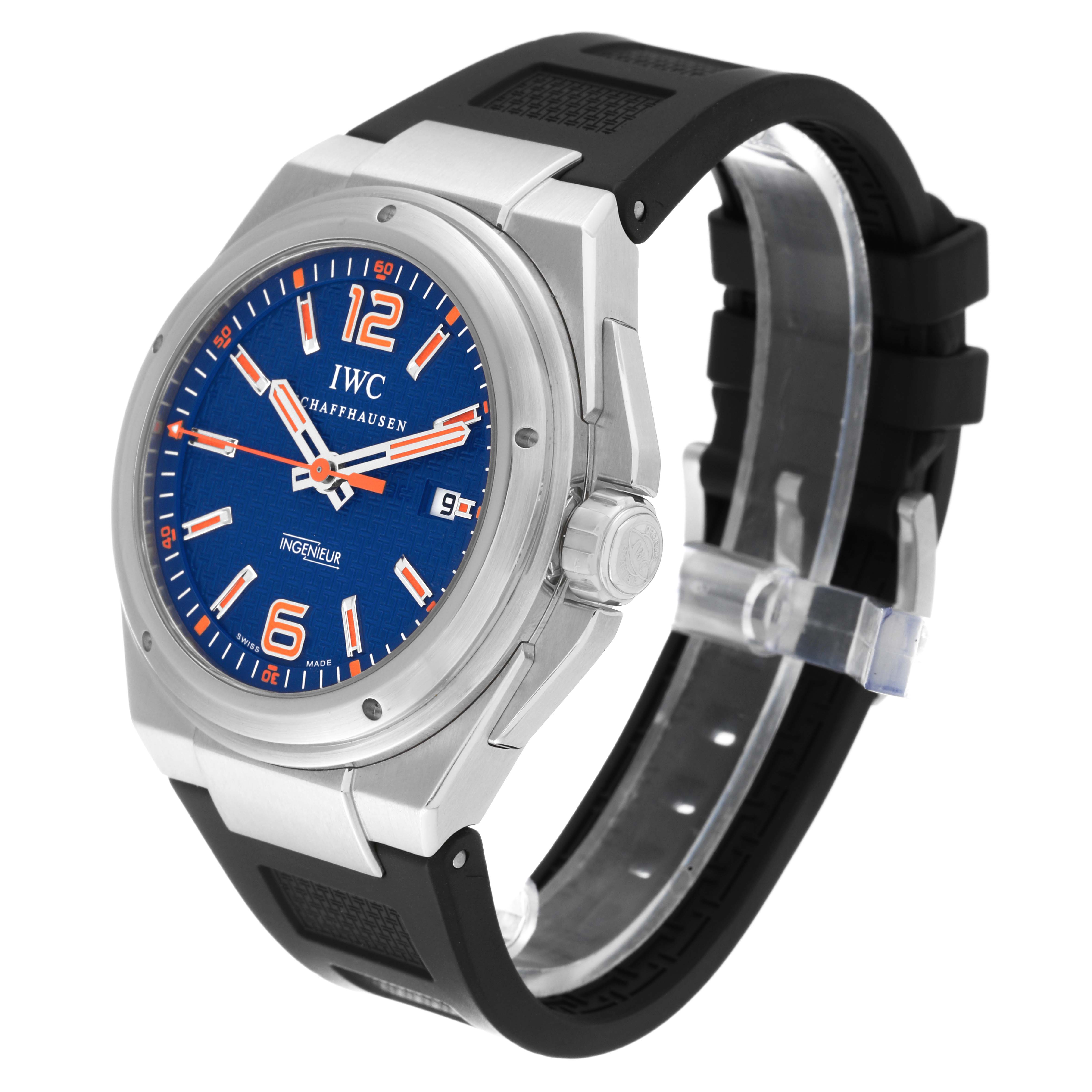 The watch, an IWC Ingenieur IW323603 Men's Stainless Steel Blue Dial IW323603 Men's Stainless Steel Blue Dial model, is shown at a three-quarter angle, displaying its dial, bezel, crown, and strap.
