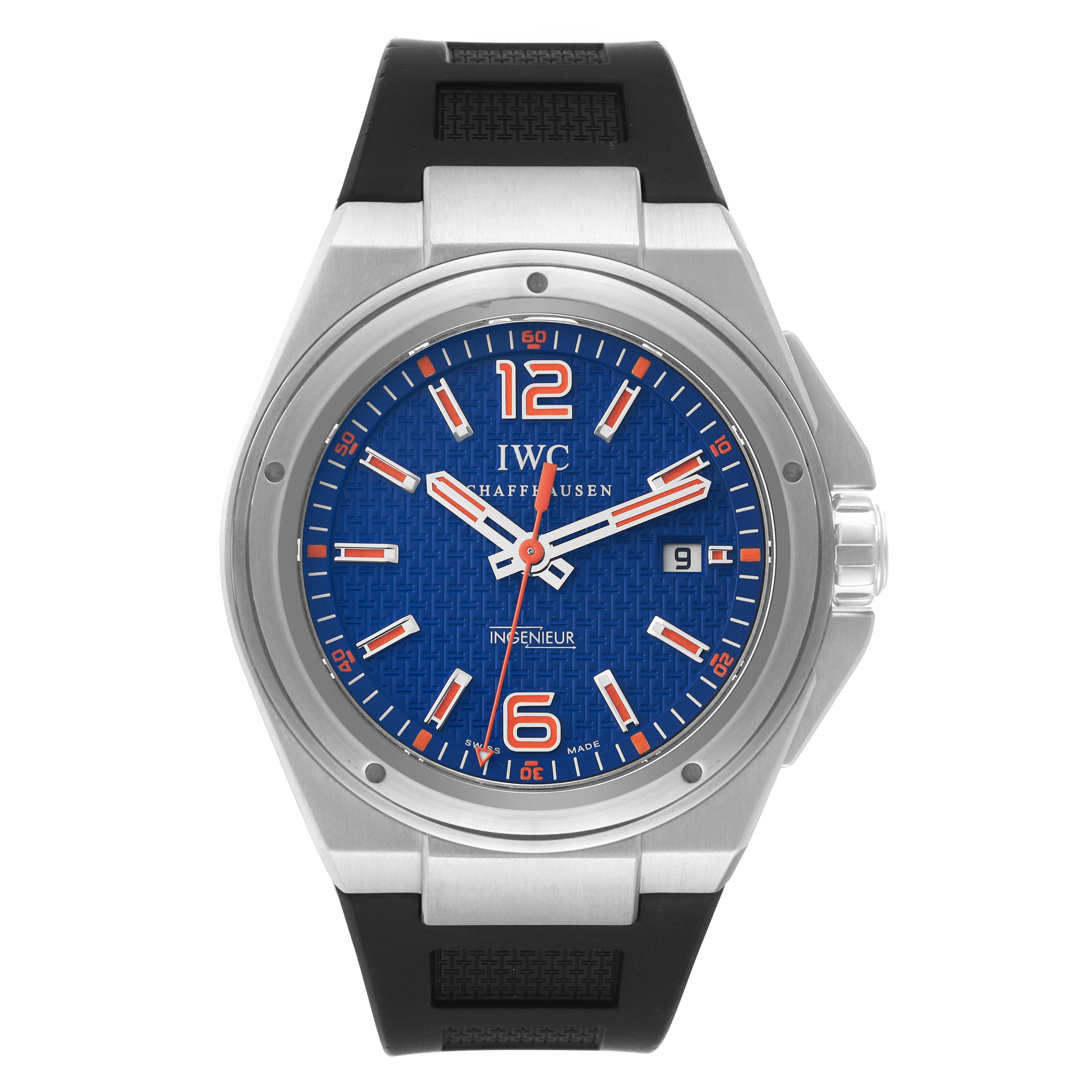 The image shows a front view of the IWC Ingenieur IW323603 Men's Stainless Steel Blue Dial IW323603 Men's Stainless Steel Blue Dial watch, featuring its blue dial, stainless steel case, and black strap.