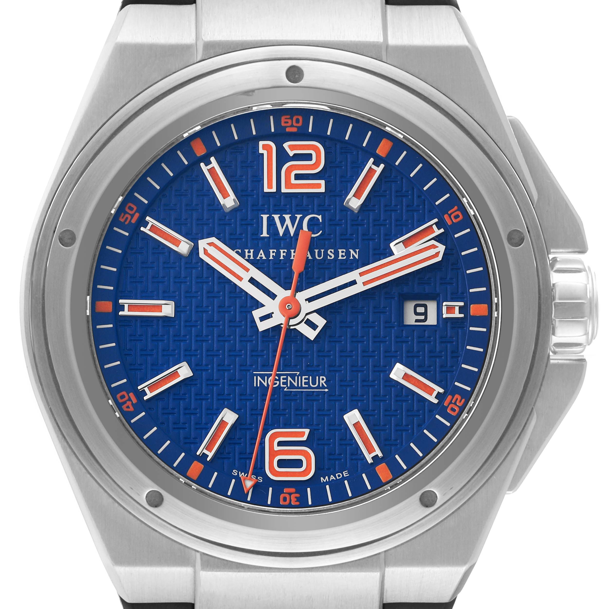 The IWC Ingenieur IW323603 Men's Stainless Steel Blue Dial IW323603 Men's Stainless Steel Blue Dial watch is shown from a front angle, highlighting the blue dial, hands, hour markers, and date window.