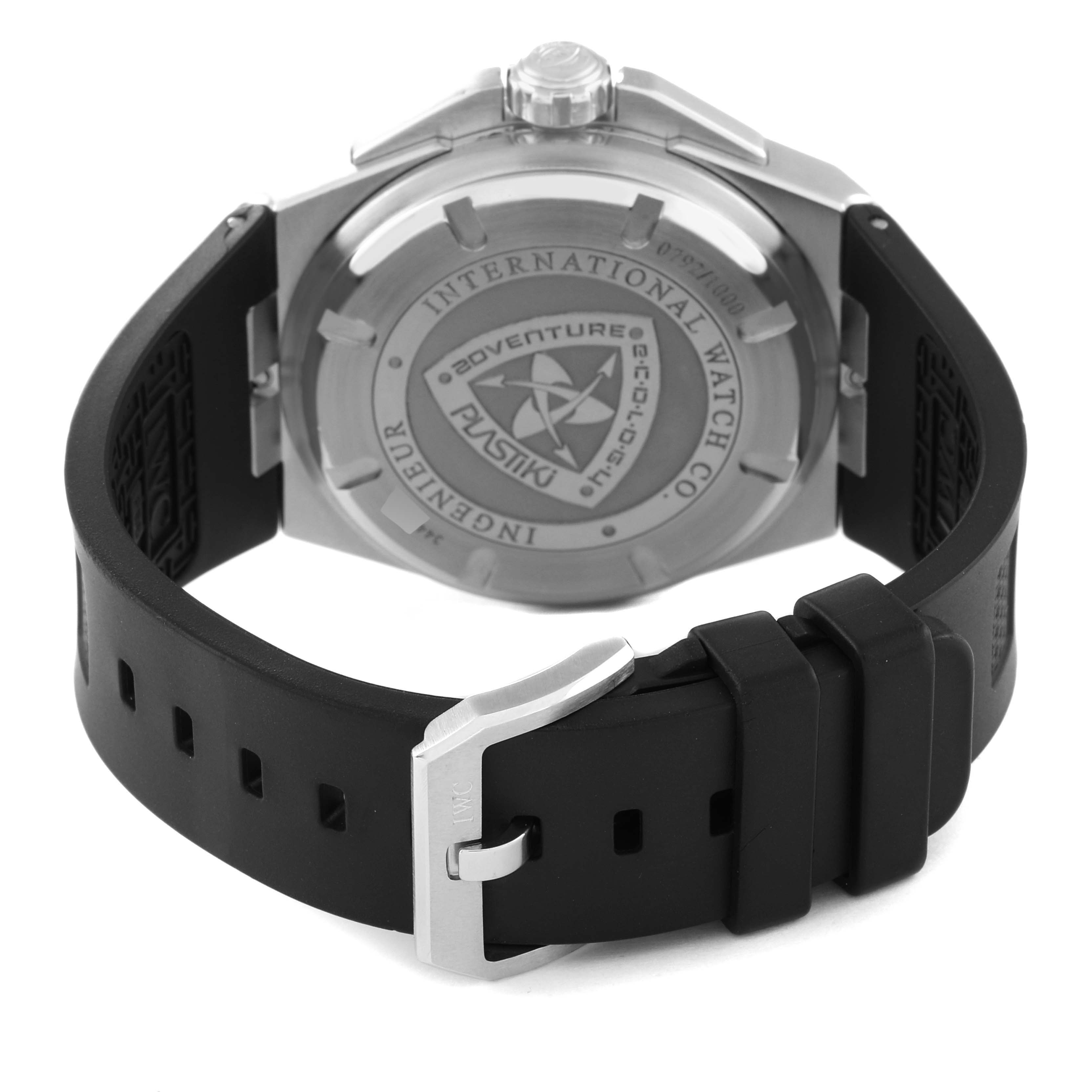 The image shows the back and rubber strap of the Ingenieur model watch by IWC, with a focus on the case back and clasp.