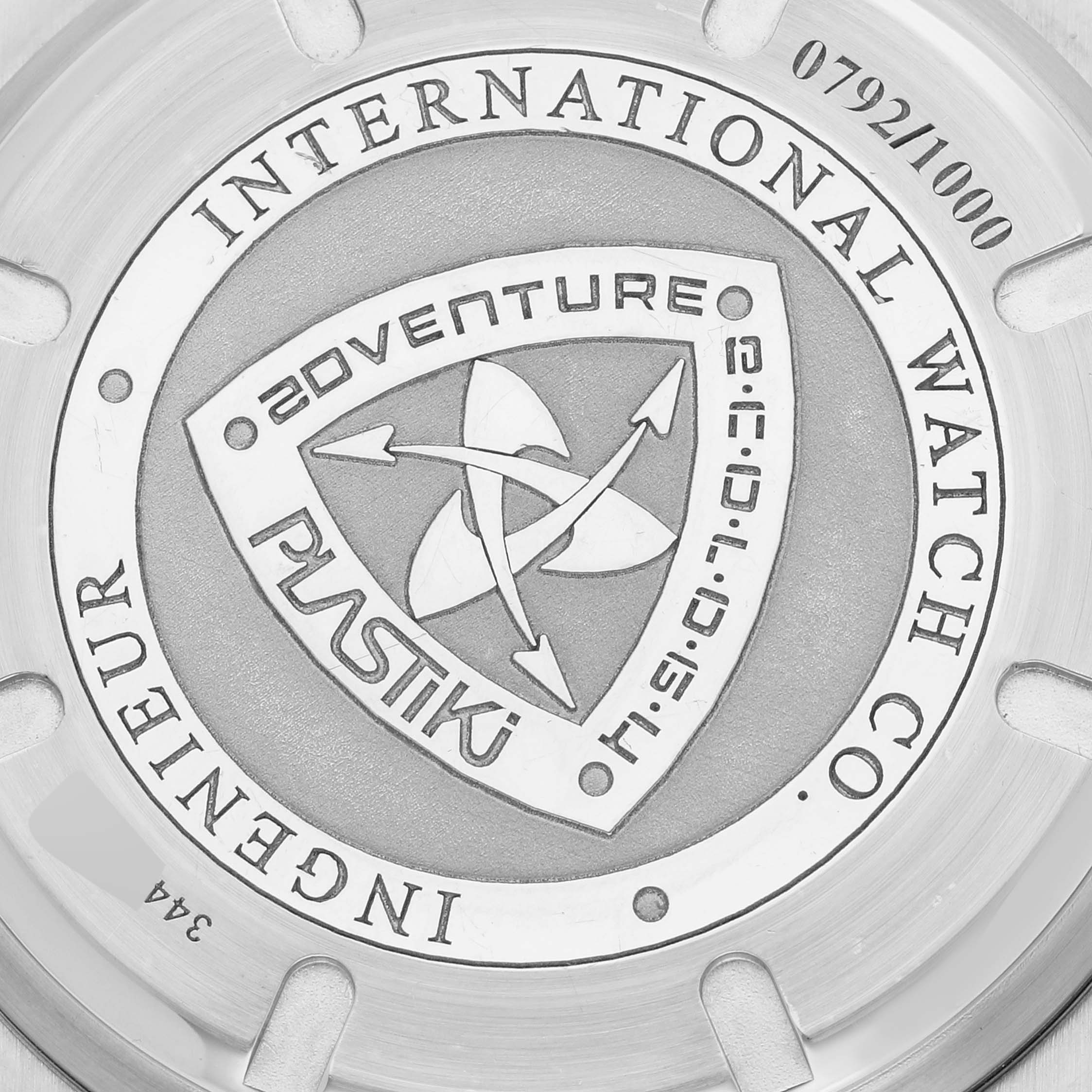 The image shows the back of the IWC Ingenieur IW323603 Men's Stainless Steel Blue Dial IW323603 Men's Stainless Steel Blue Dial watch displaying its engraving and model number 0792/1000.