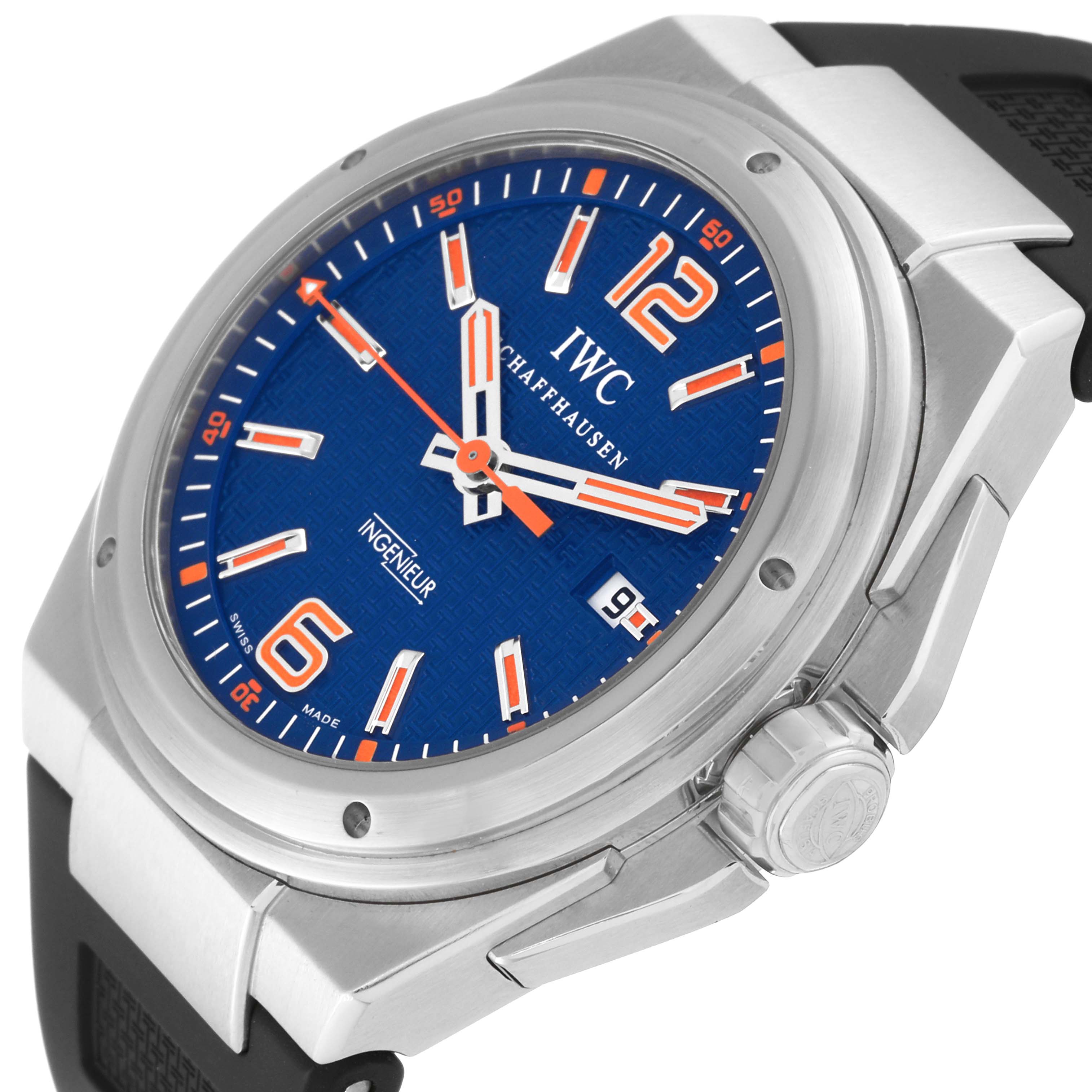 The IWC Ingenieur IW323603 Men's Stainless Steel Blue Dial IW323603 Men's Stainless Steel Blue Dial watch is shown at an angled view, highlighting the blue dial, orange accents, date window, bezel, and crown.