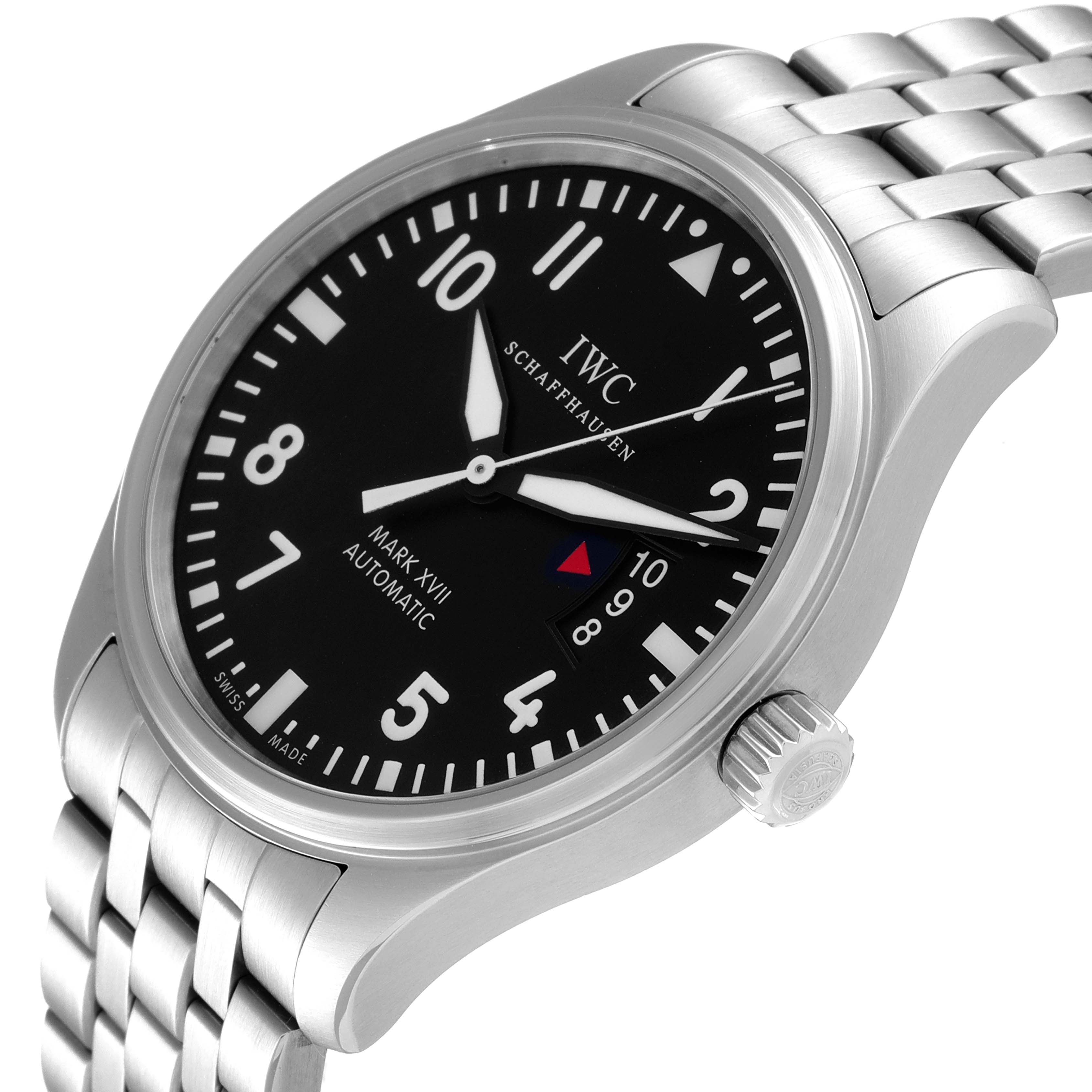 The image shows a close-up angle of the IWC Pilot IW326504 Men's Stainless Steel Black Dial IW326504 Men's Stainless Steel Black Dial Mark XVII watch, highlighting its dial, crown, and bracelet.
