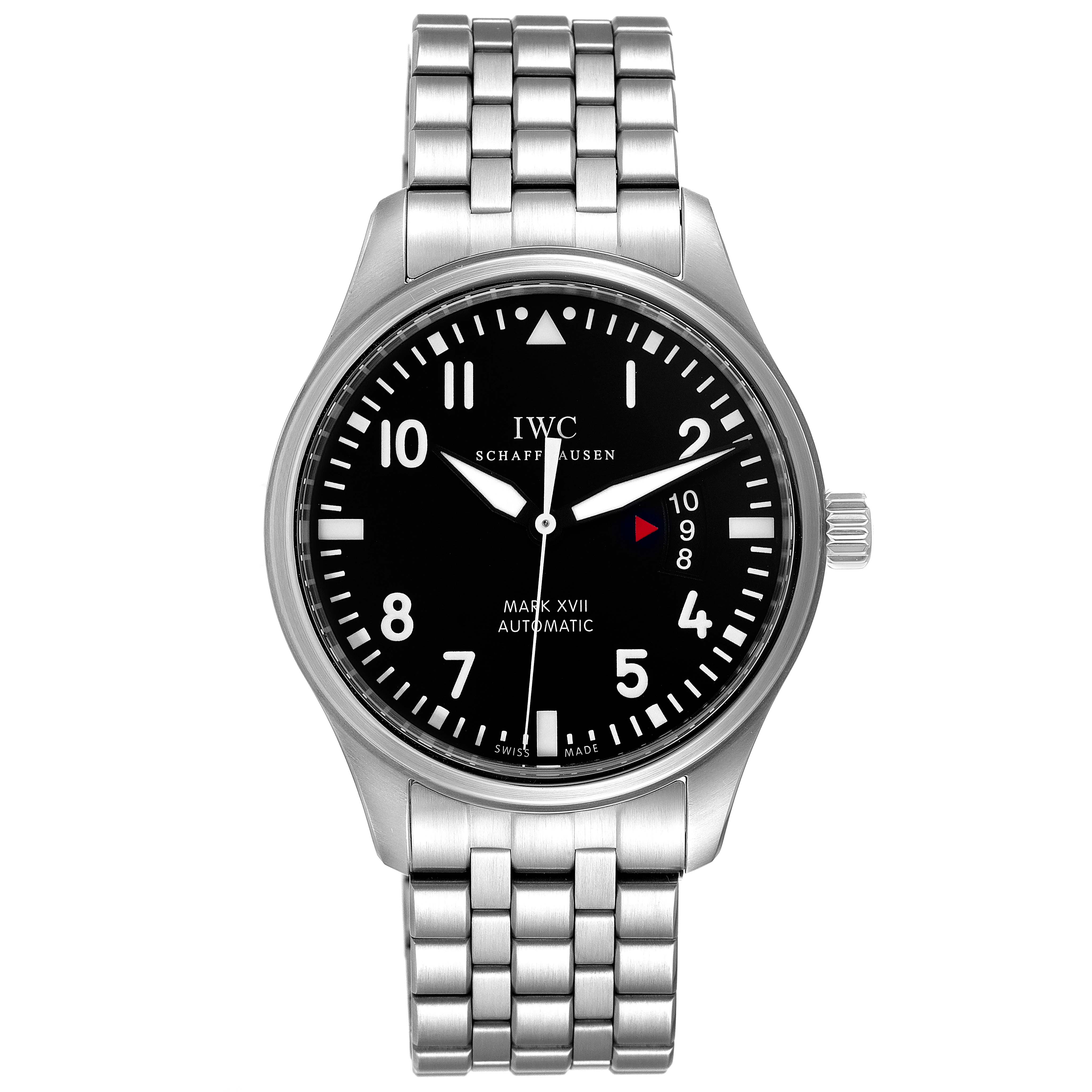 The IWC Pilot IW326504 Men's Stainless Steel Black Dial IW326504 Men's Stainless Steel Black Dial Mark XVII watch is shown from a front angle, displaying its black dial, silver case, and bracelet.