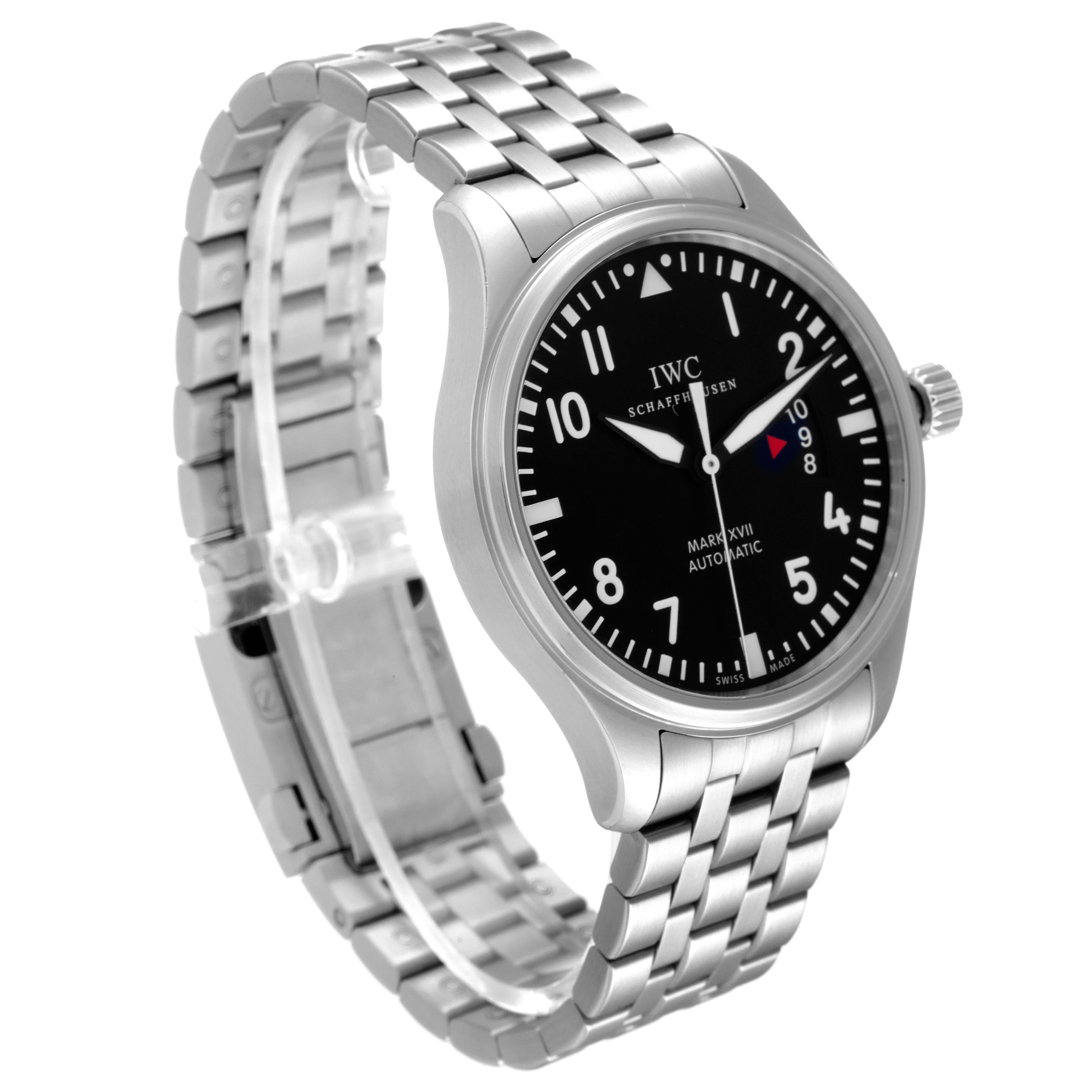 The IWC Pilot IW326504 Men's Stainless Steel Black Dial IW326504 Men's Stainless Steel Black Dial model watch is shown at an angle displaying the black dial, hour markers, steel case, and metal bracelet.