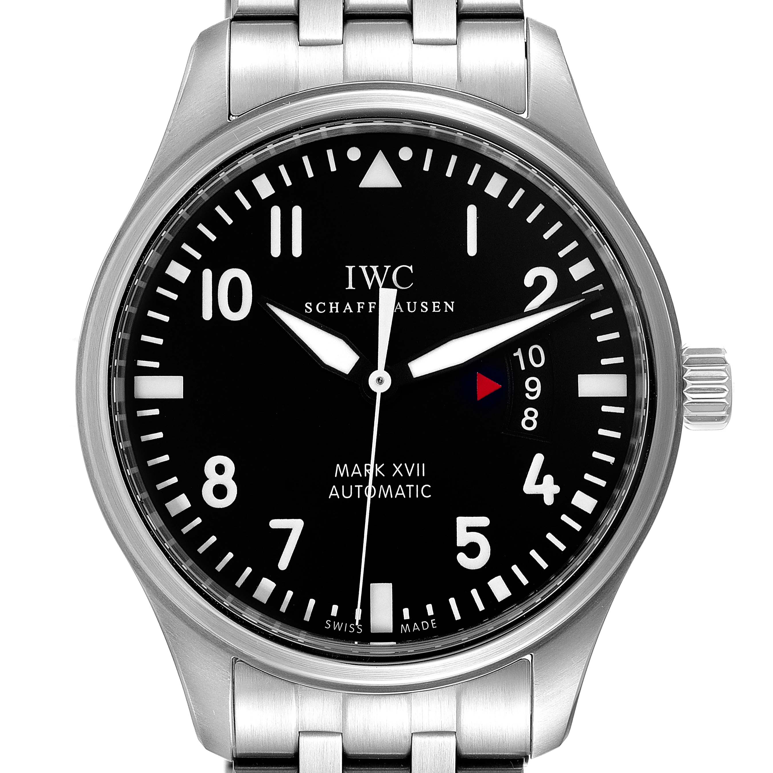 The image shows a frontal view of the IWC Pilot IW326504 Men's Stainless Steel Black Dial IW326504 Men's Stainless Steel Black Dial Mark XVII Automatic watch, highlighting the dial, hands, and part of the metal bracelet.