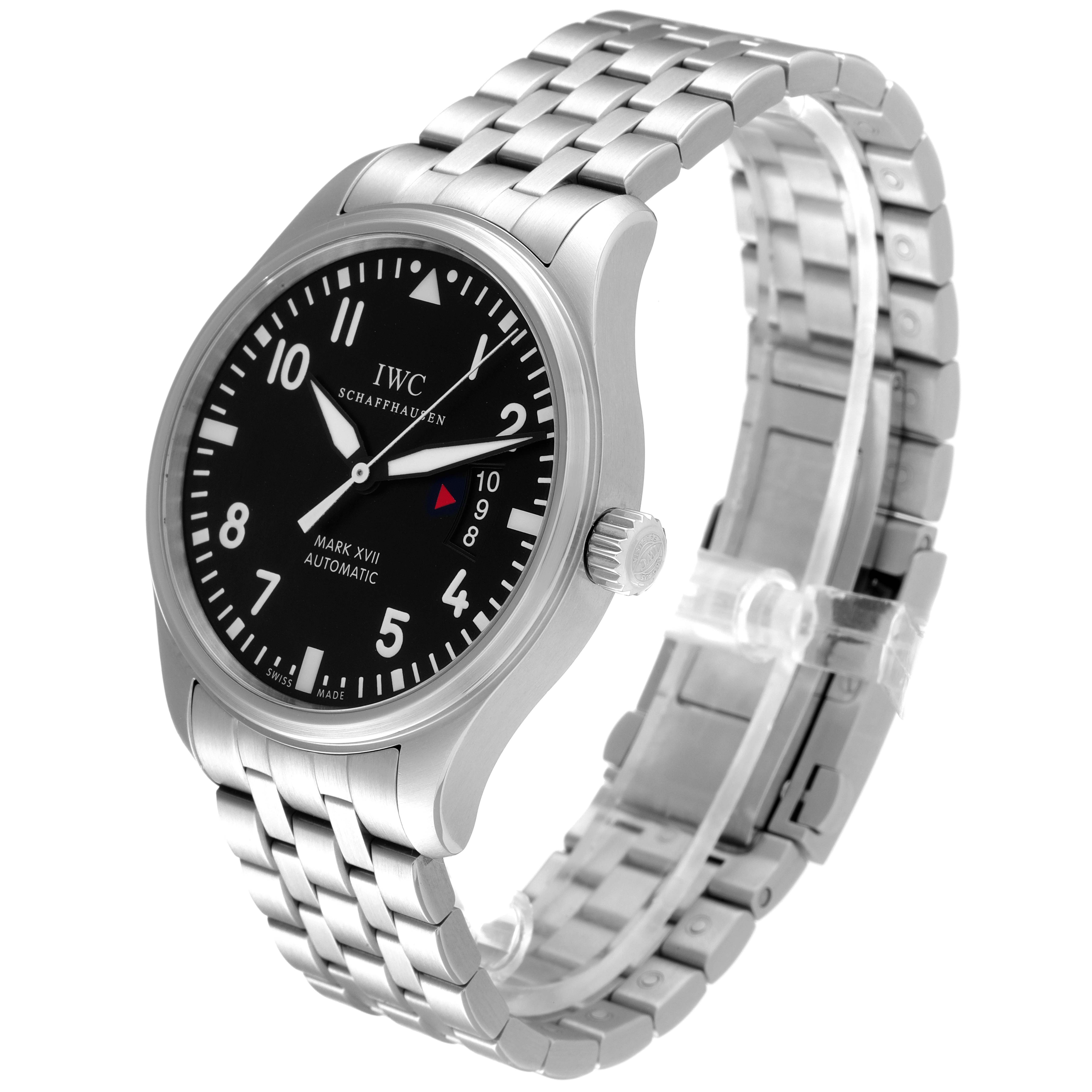 The image shows the IWC Pilot IW326504 Men's Stainless Steel Black Dial IW326504 Men's Stainless Steel Black Dial model watch, focusing on the face, bezel, crown, and metal bracelet at a three-quarter angle.