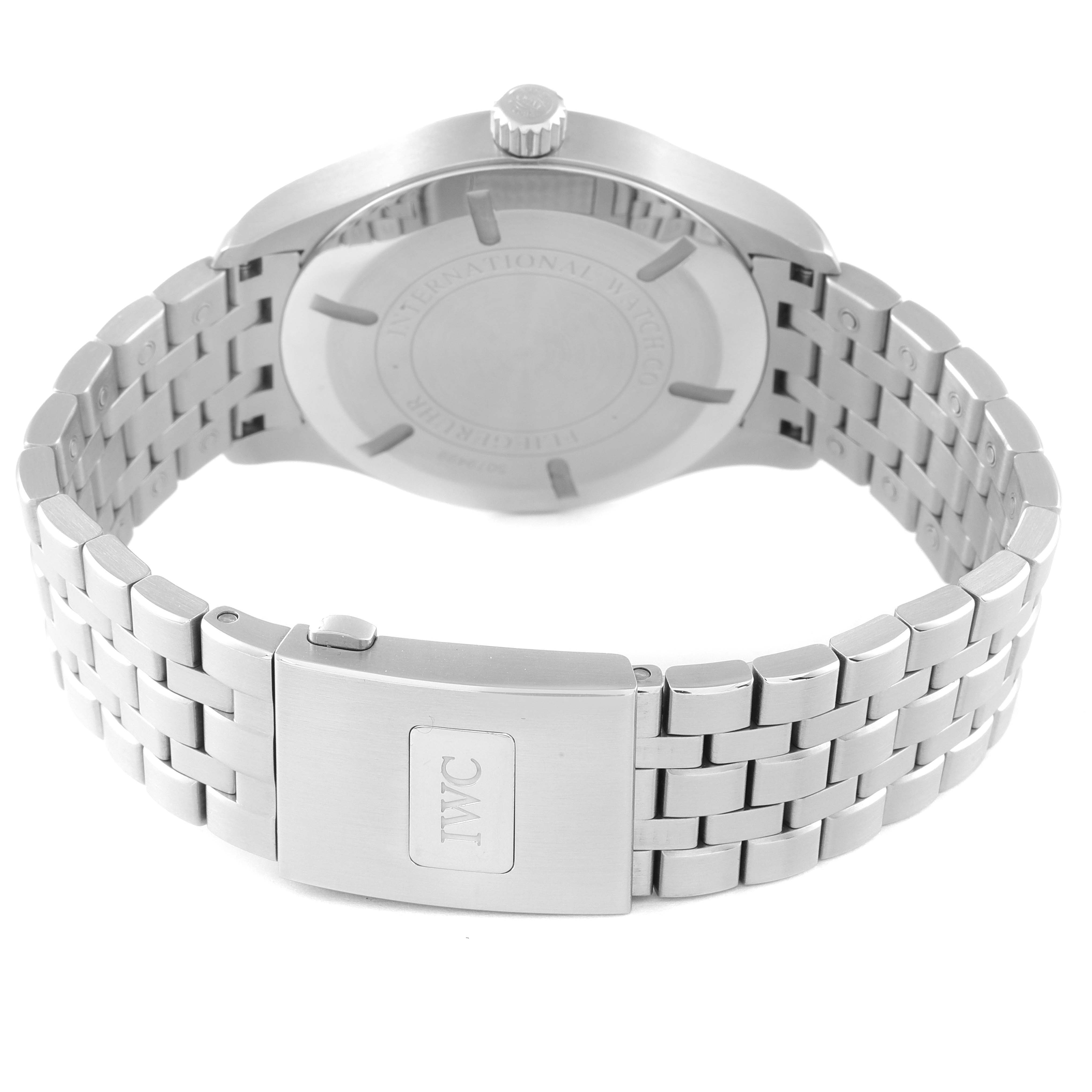 The IWC Pilot IW326504 Men's Stainless Steel Black Dial IW326504 Men's Stainless Steel Black Dial watch is shown from the back, featuring its case back, crown, and metal bracelet with clasp.