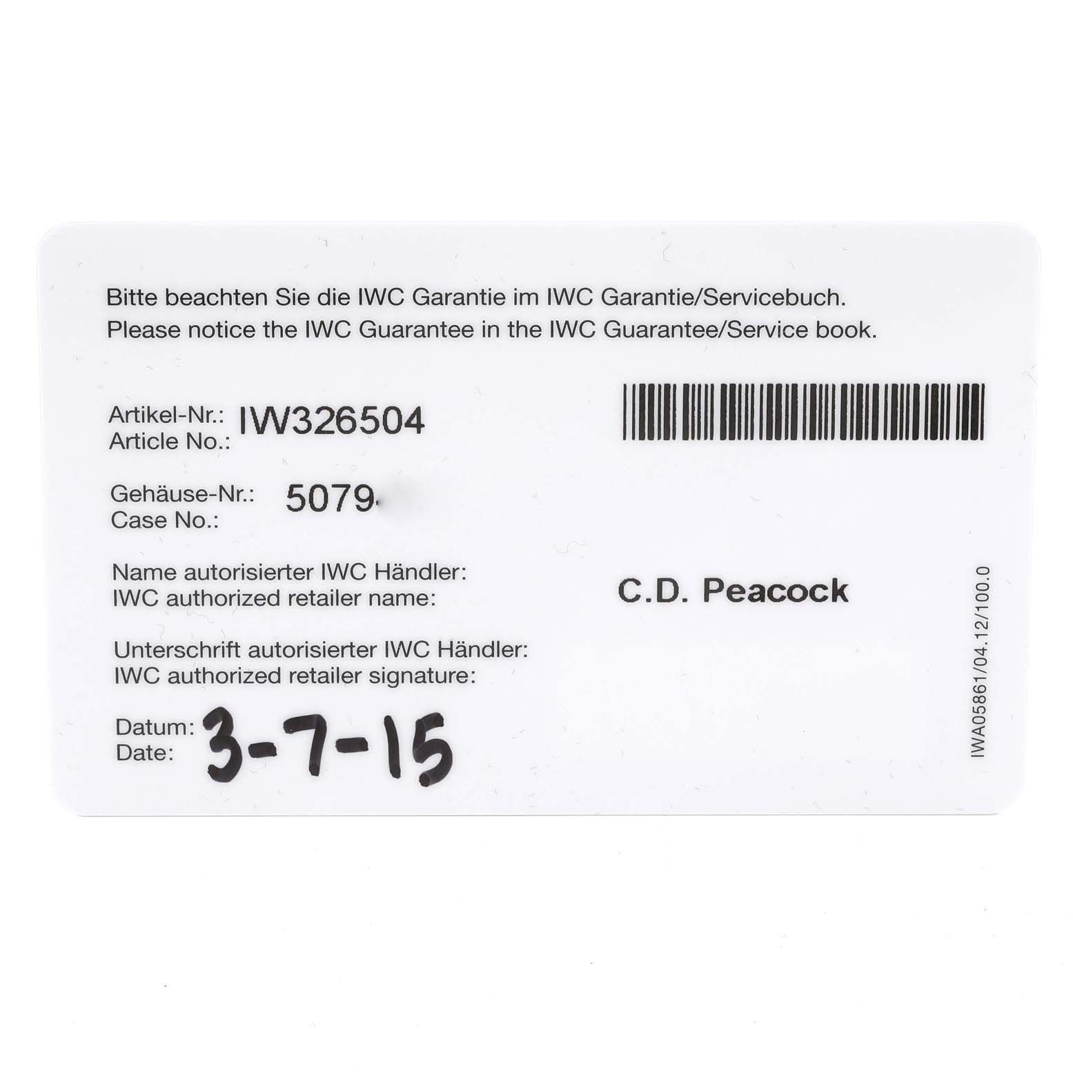 This is a guarantee card for the IWC Pilot IW326504 Men's Stainless Steel Black Dial IW326504 Men's Stainless Steel Black Dial model watch, showing article number, case number, retailer name, and purchase date.