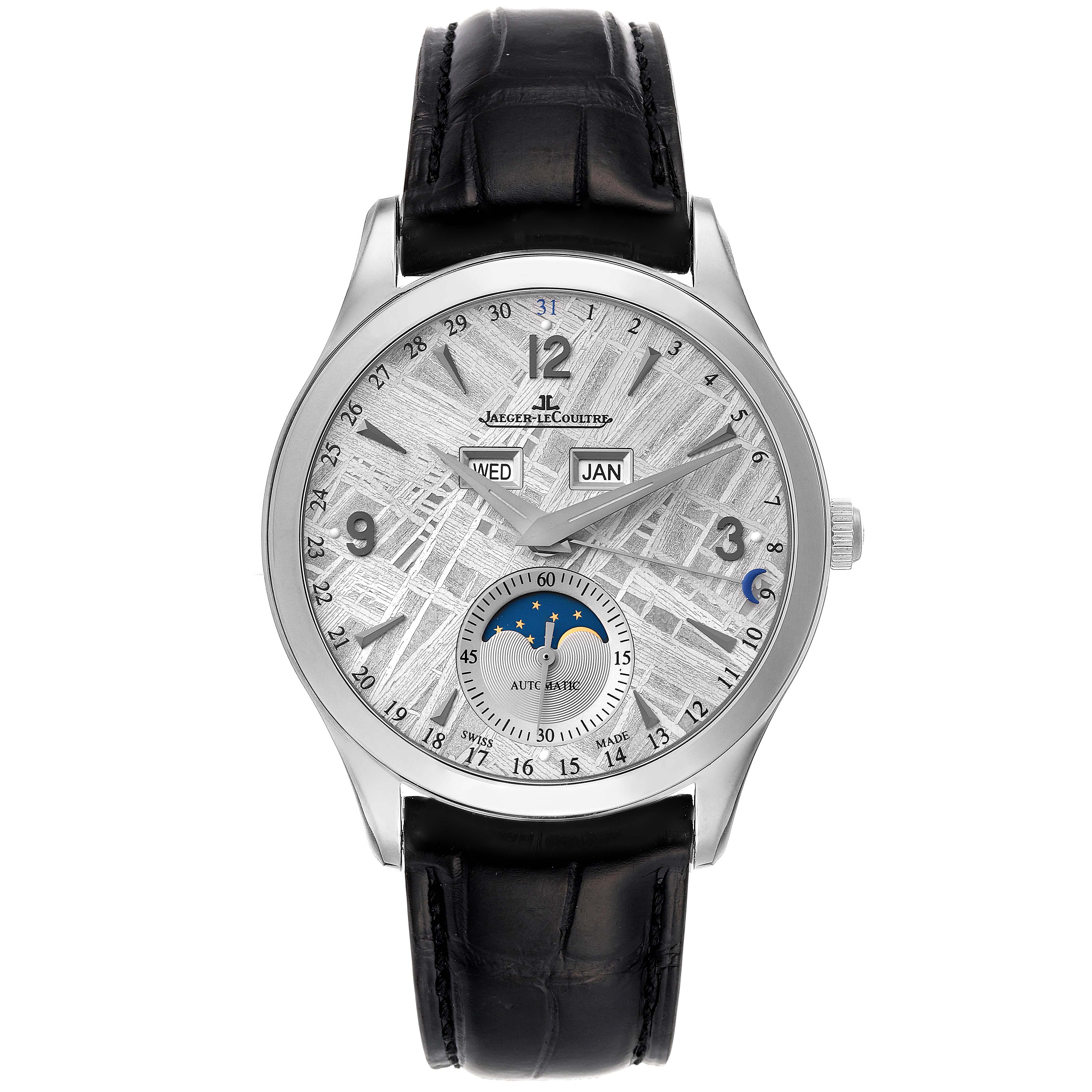 The Jaeger-LeCoultre Master model watch shown from the front displays the day, month, and moon phase features with a black leather strap.