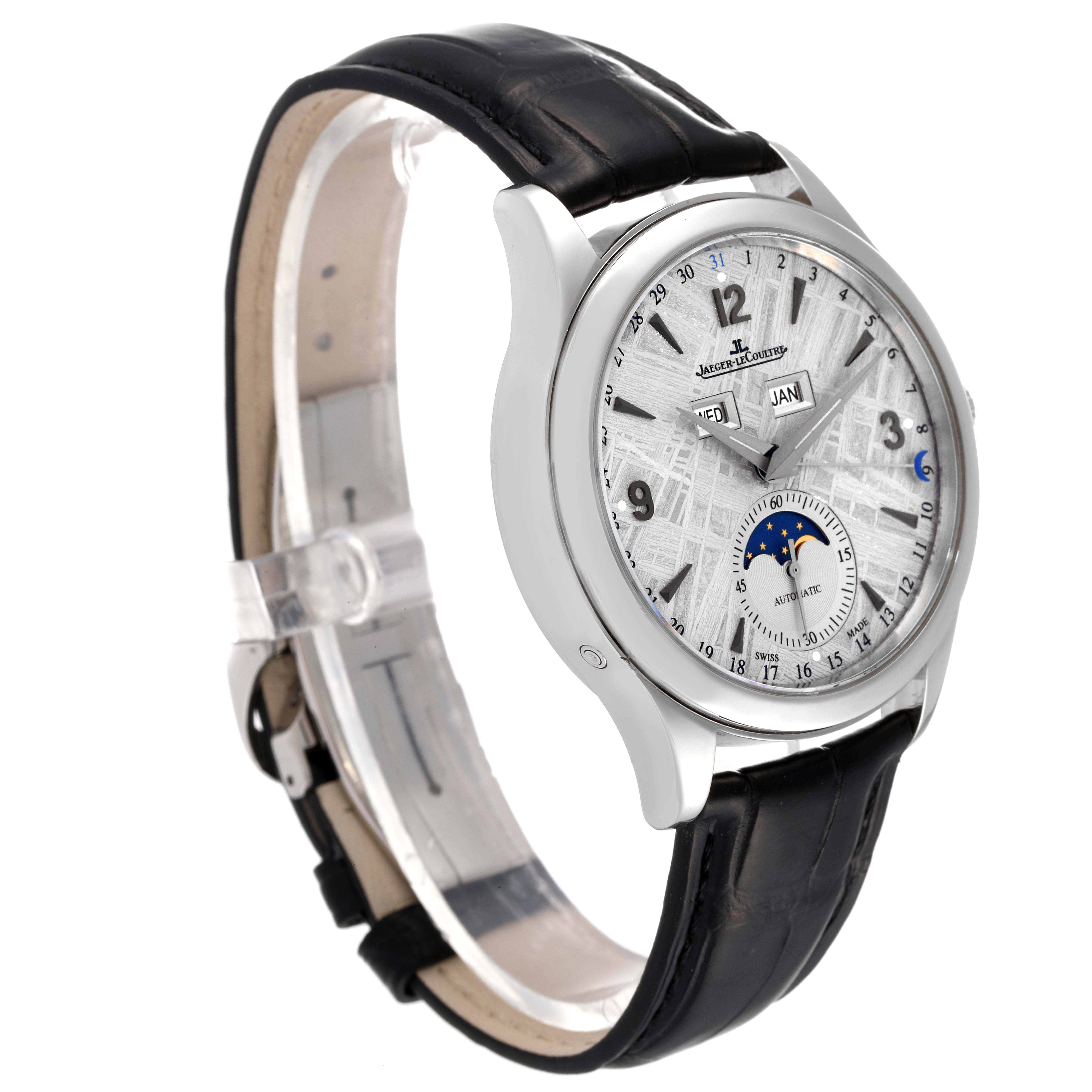 This image shows a Jaeger LeCoultre Master Q1558421 Men
s Stainless Steel Silver Dial Q1558421 Men
s Stainless Steel Silver Dial model watch at a three-quarter angle, featuring the face, casing, and leather strap.