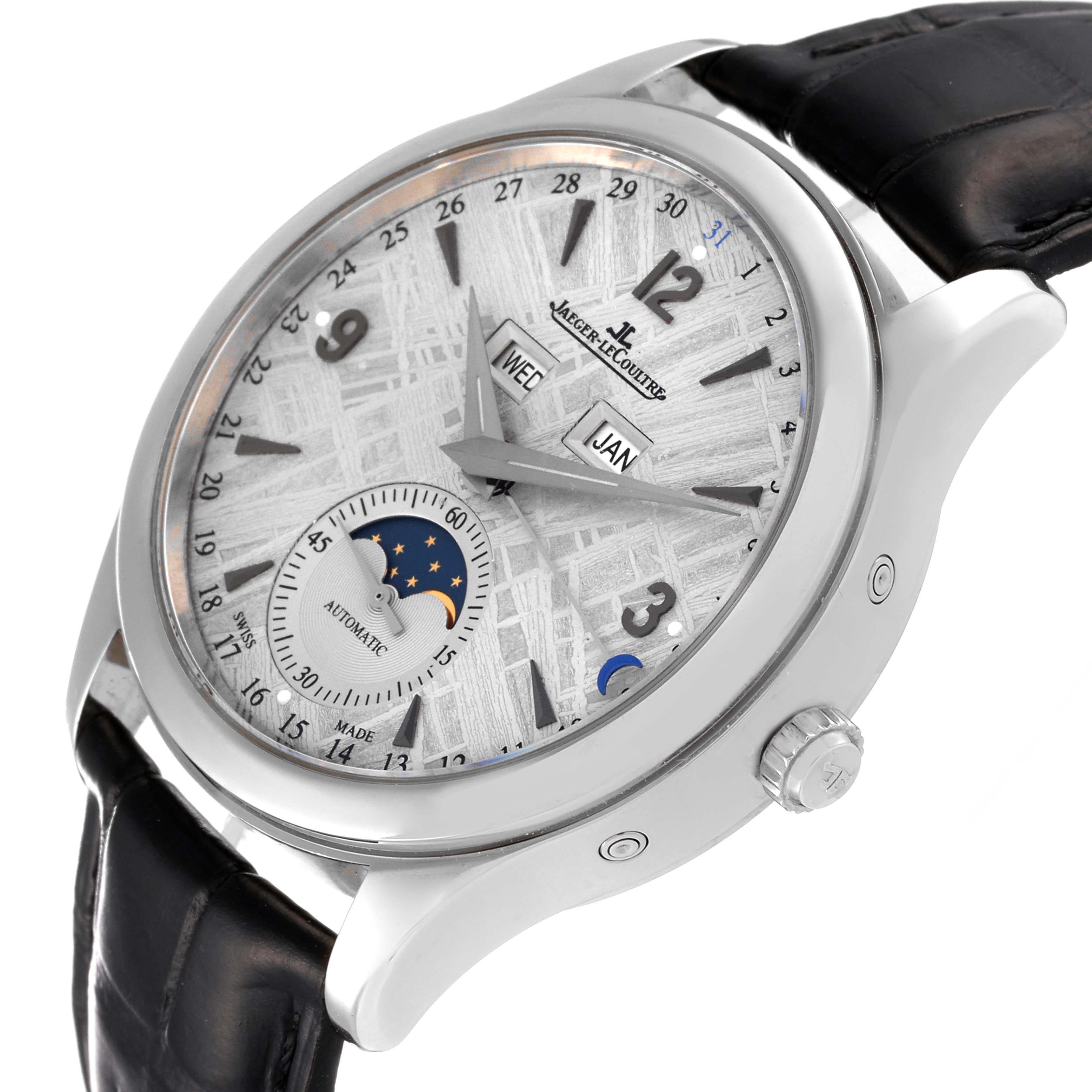 The image shows a side-angle view of a Jaeger LeCoultre Master Q1558421 Men
s Stainless Steel Silver Dial Q1558421 Men
s Stainless Steel Silver Dial model watch, displaying its dial, bezel, and crown.