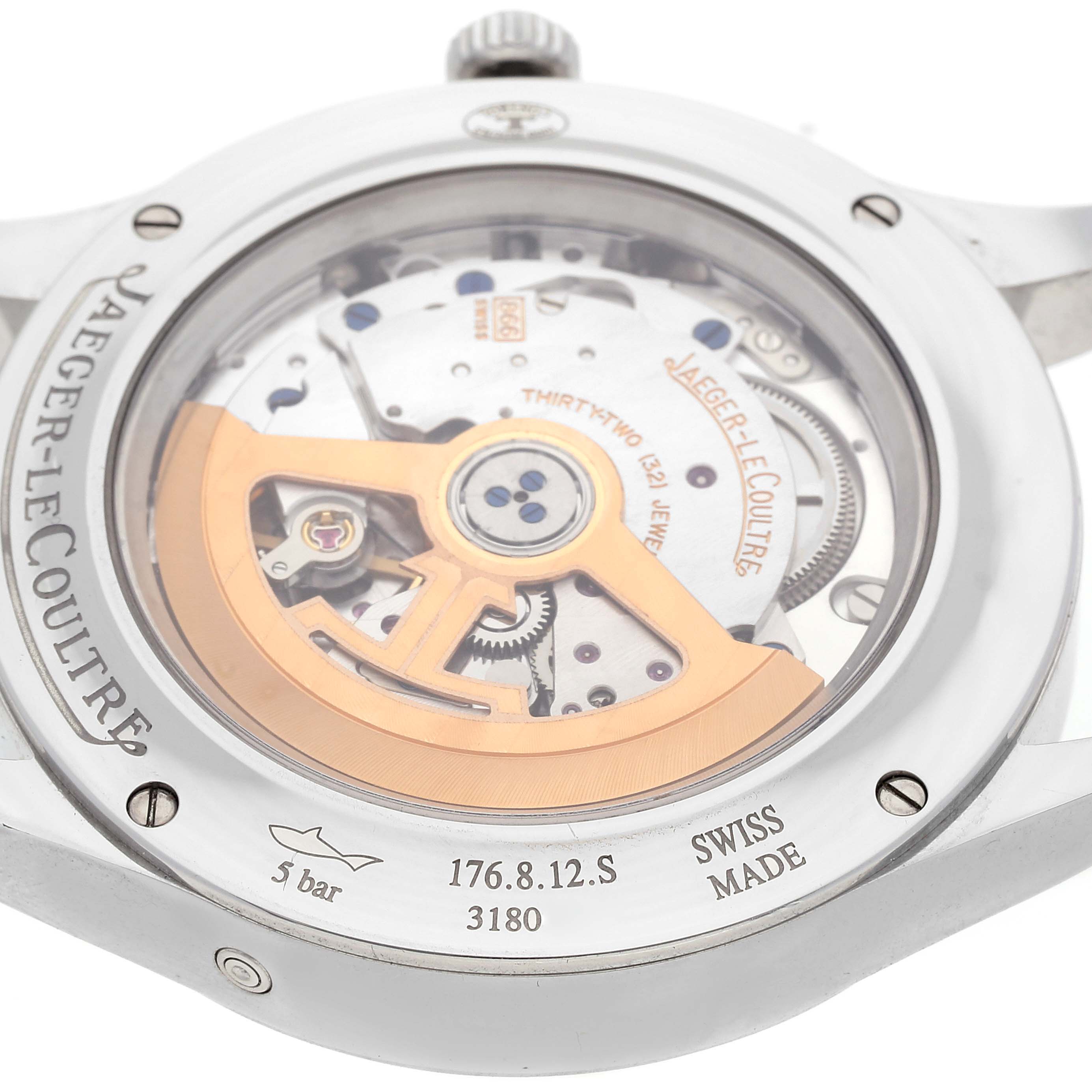 This image shows the back view of a Jaeger-LeCoultre Master model watch, highlighting the movement and internal mechanisms.