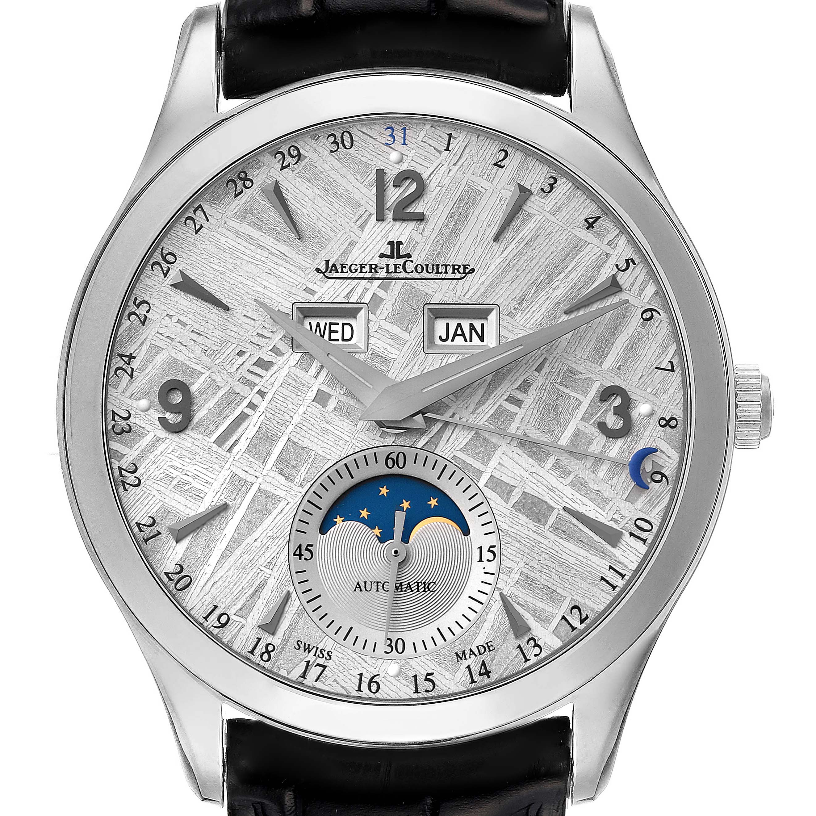 The image shows a frontal view of the Jaeger LeCoultre Master Q1558421 Men
s Stainless Steel Silver Dial Q1558421 Men
s Stainless Steel Silver Dial watch, displaying its dial, hands, calendar, and moon phase.