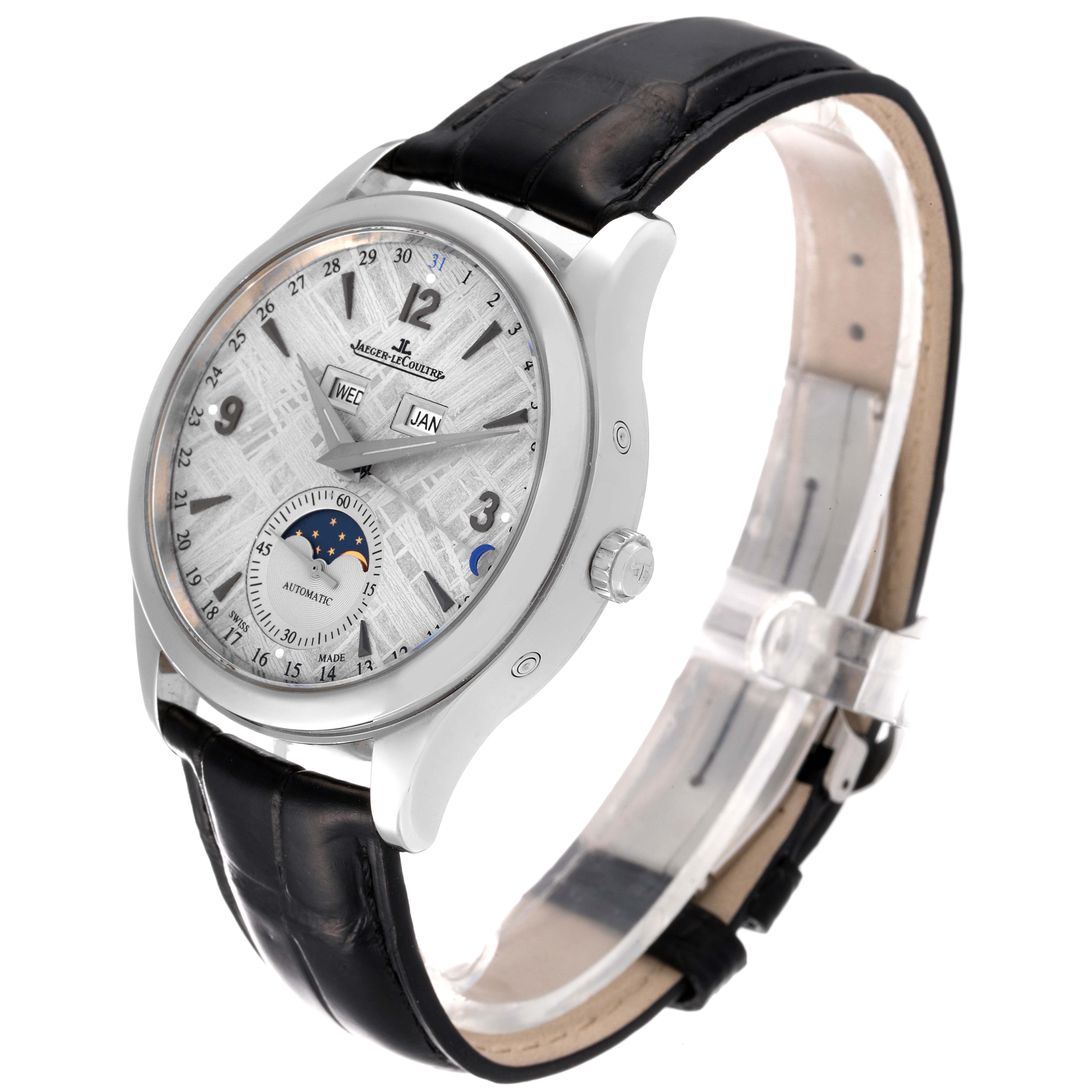 This Jaeger LeCoultre Master Q1558421 Men
s Stainless Steel Silver Dial Q1558421 Men
s Stainless Steel Silver Dial watch shows a side angle, highlighting the dial, case, and leather strap.