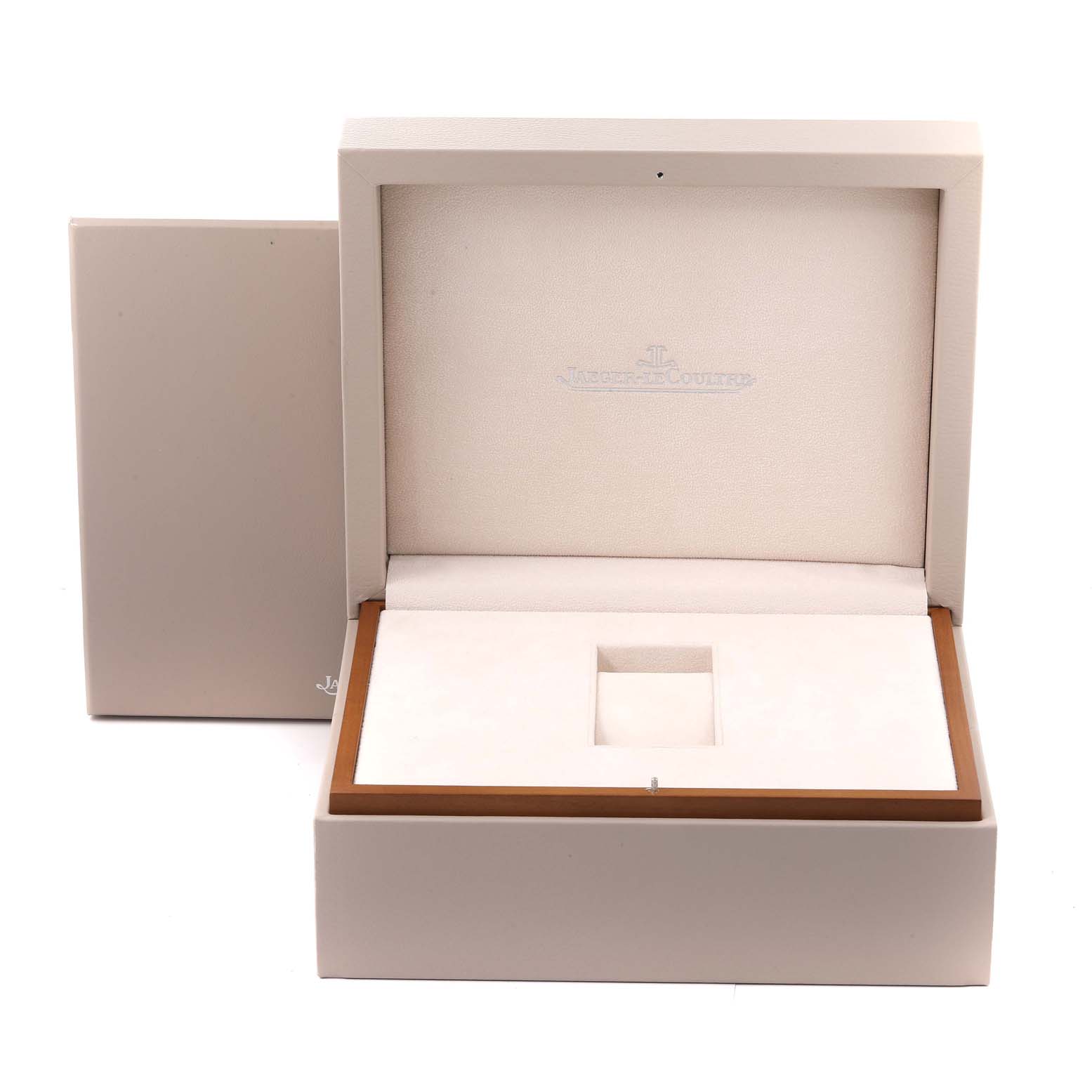 This image shows the open case and box for a Master model watch by Jaeger LeCoultre, showcasing the interior compartments.