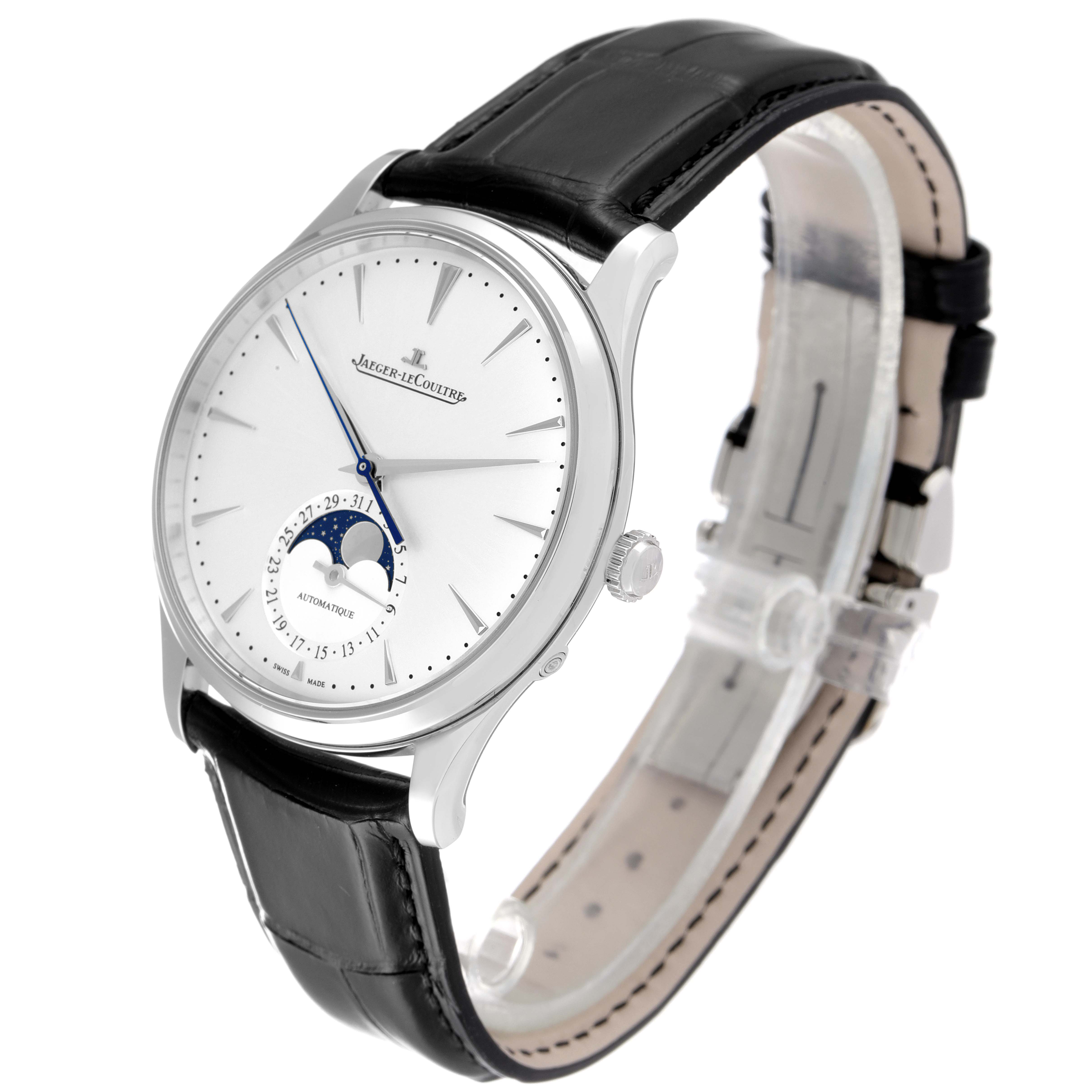 This image shows a Jaeger LeCoultre Master Q1368430 Men's Stainless Steel Silver Dial Q1368430 Men's Stainless Steel Silver Dial model watch at an angle, displaying the dial, case, crown, and leather strap.