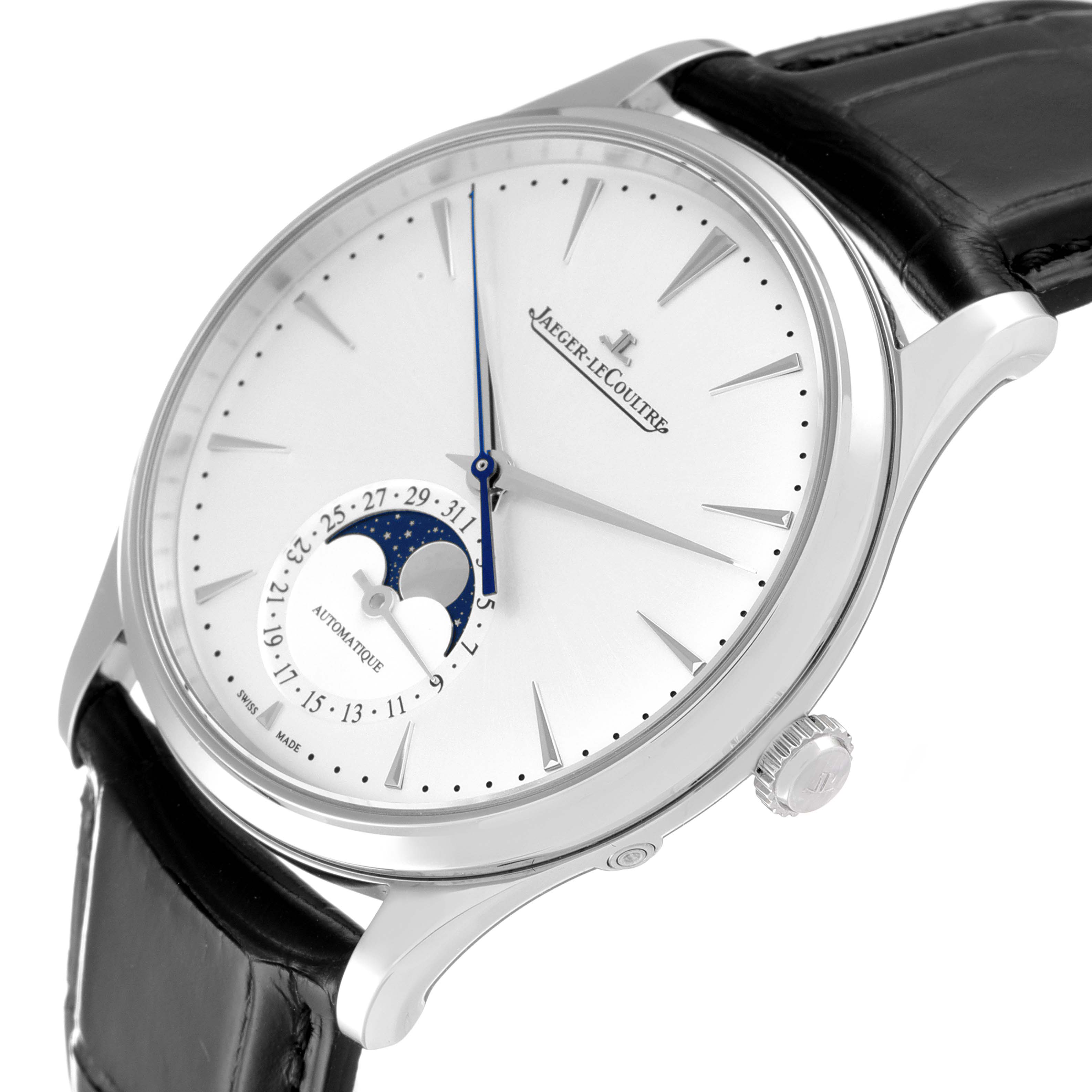 This image shows a close-up angle of the Jaeger-LeCoultre Master model watch, highlighting the face, moon phase, and part of the black strap.