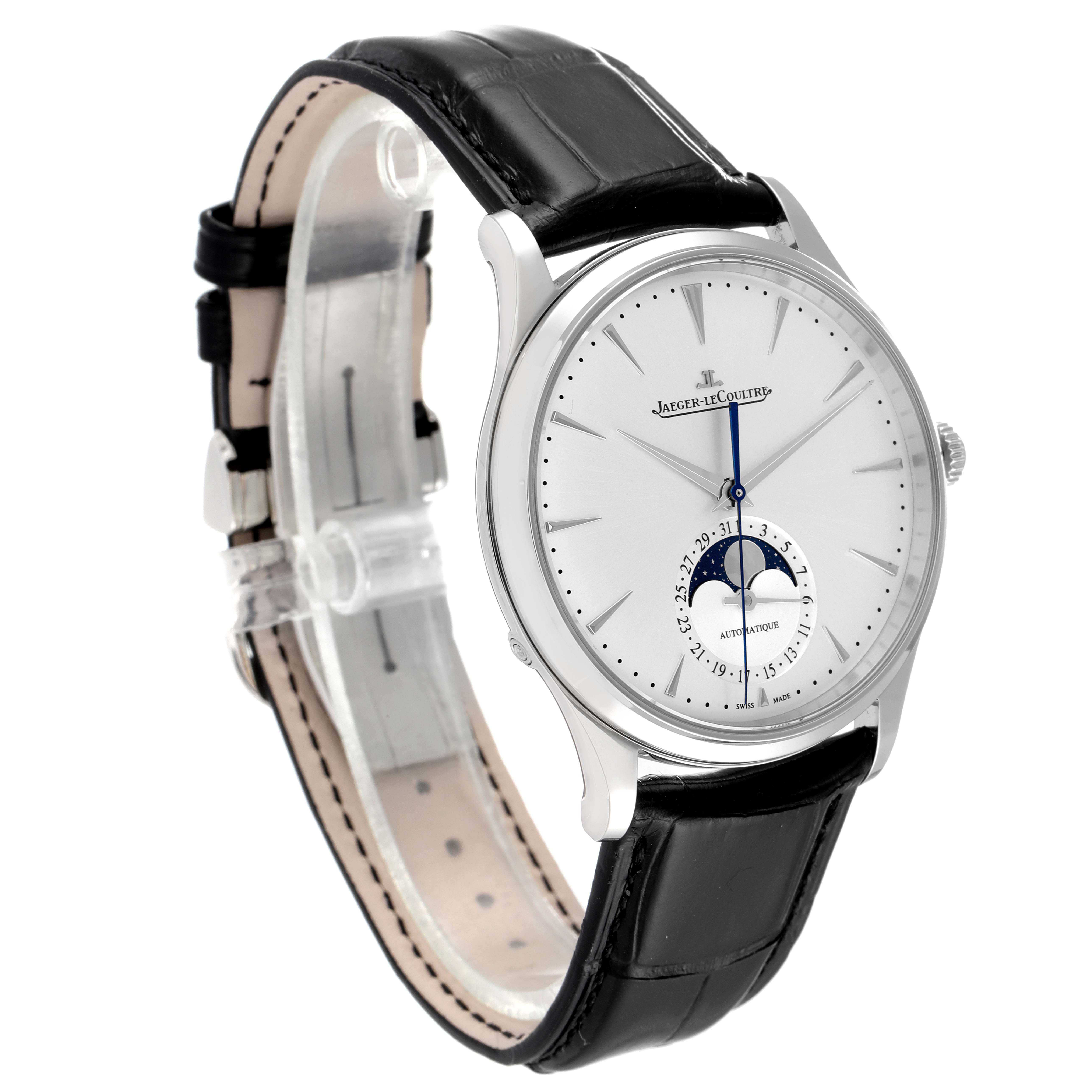 The image shows a Jaeger-LeCoultre Master model watch at an oblique angle, displaying the face, moon phase dial, and leather strap.