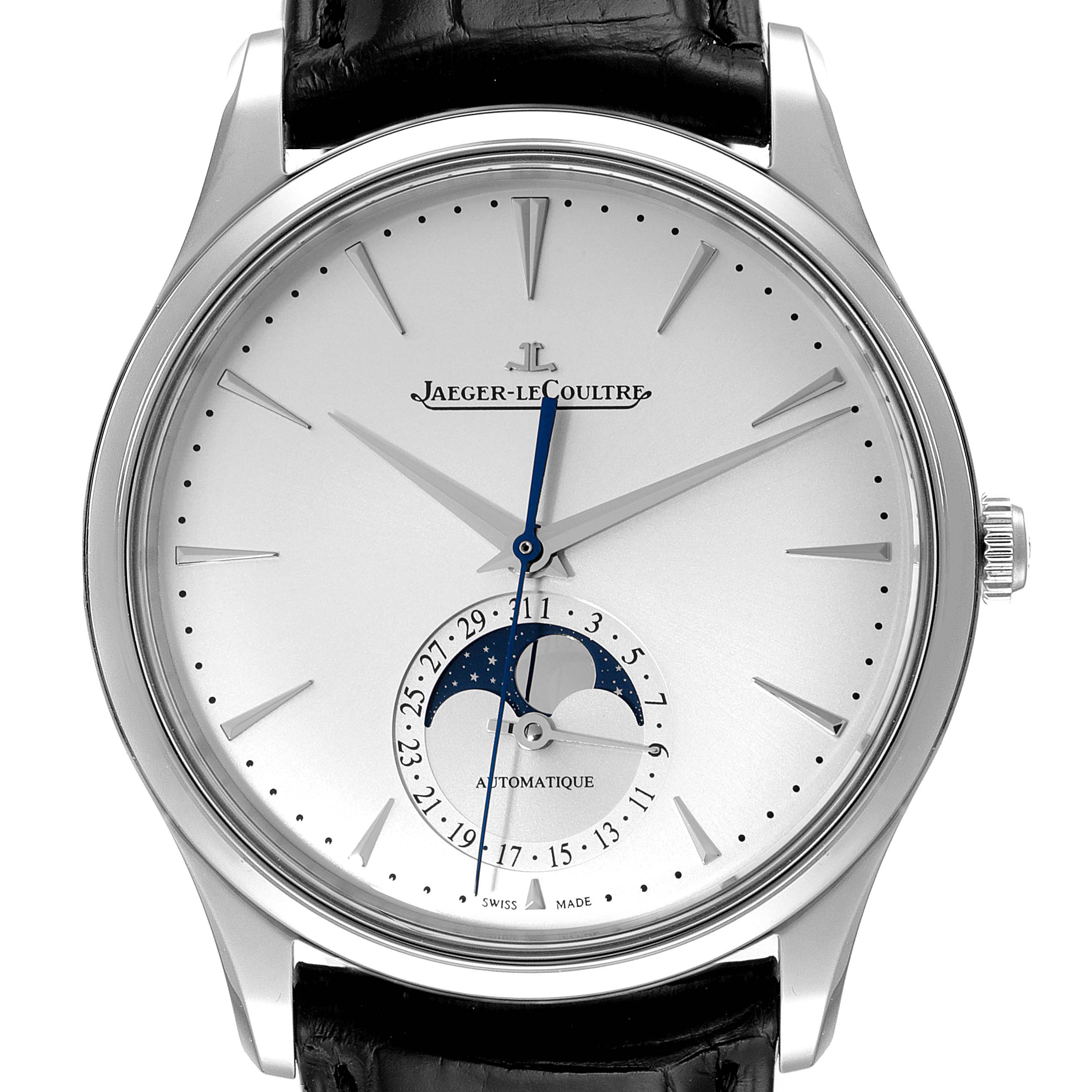 The image shows a front view of the Jaeger LeCoultre Master Q1368430 Men's Stainless Steel Silver Dial Q1368430 Men's Stainless Steel Silver Dial watch, highlighting the dial, hands, moon phase, and date functions.