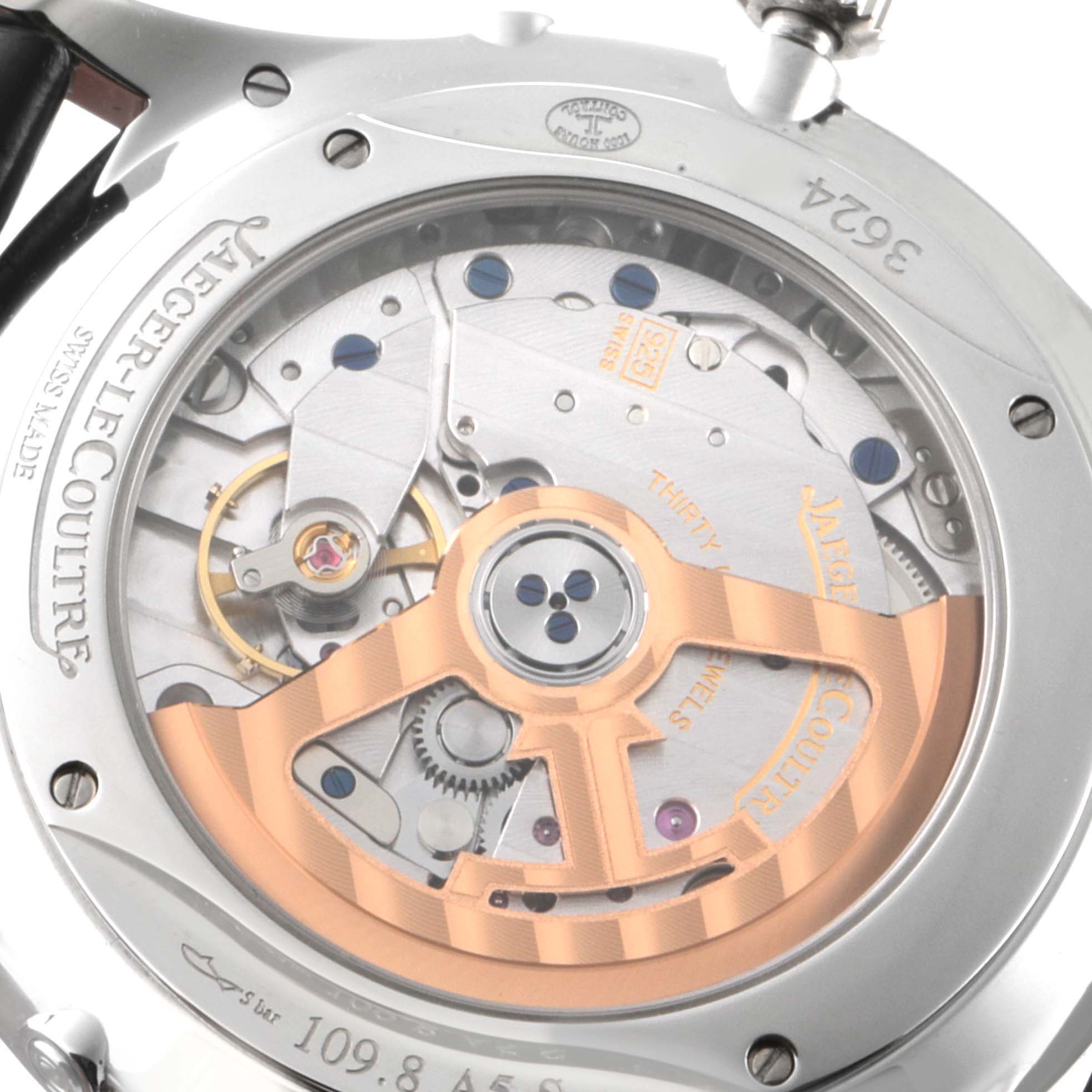 This image shows the open case back displaying the movement of a Jaeger-LeCoultre Master model watch.