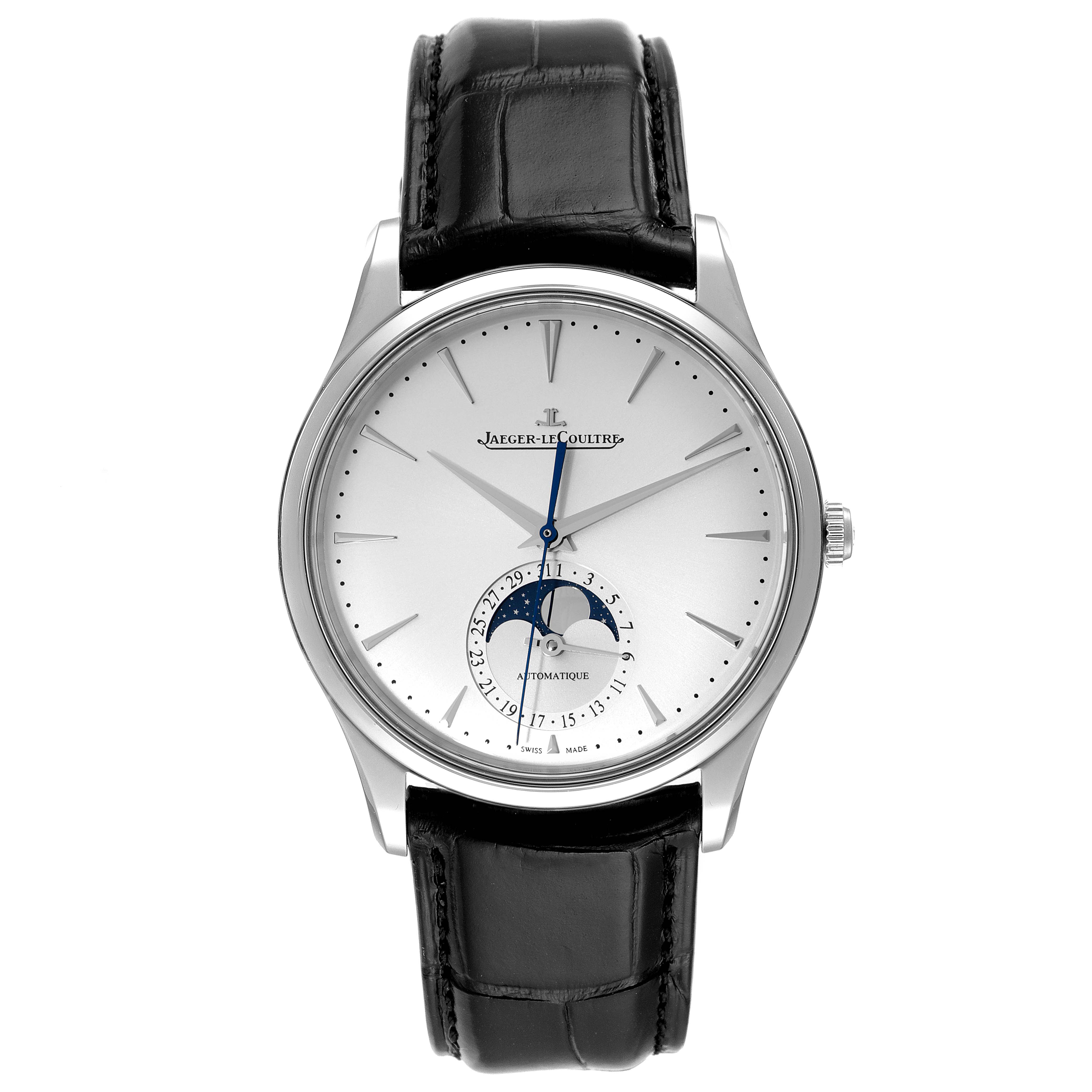This image shows a front view of a Jaeger-LeCoultre Master watch, featuring a black leather strap and moon phase display.