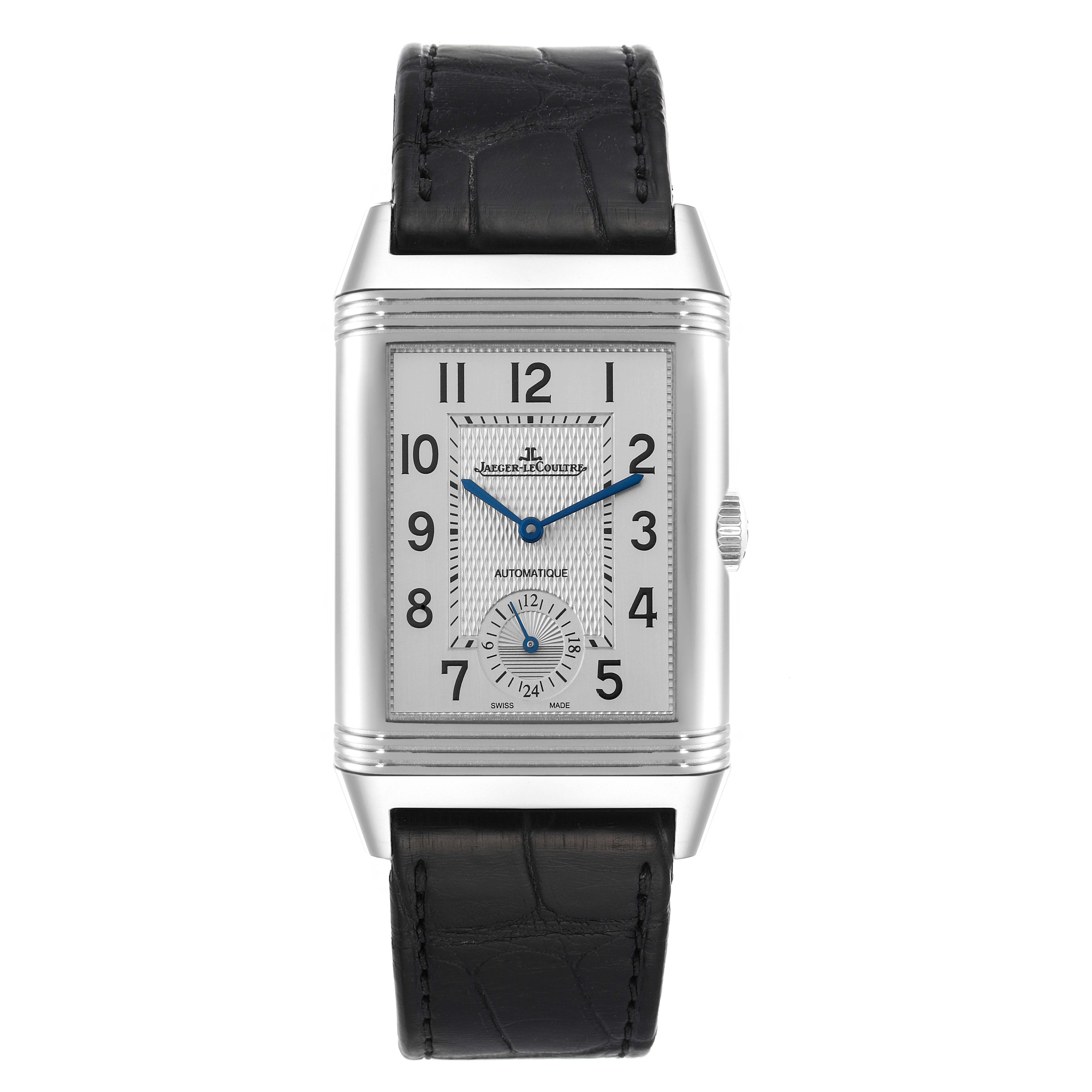 Front view of the Jaeger LeCoultre Reverso Q3838420 Men
s Stainless Steel Silver Dial Q3838420 Men
s Stainless Steel Silver Dial watch, showing the dial, crown, and leather strap.