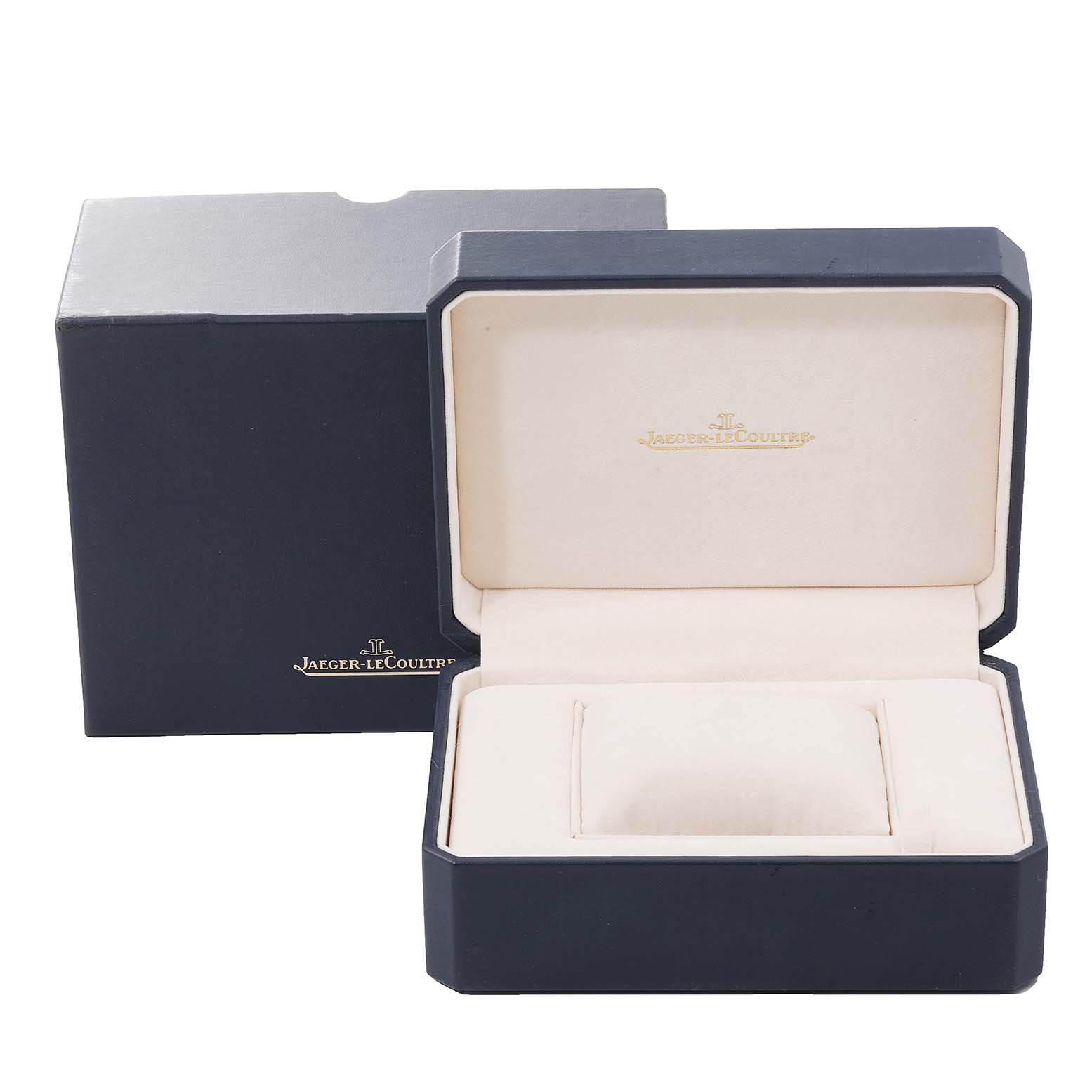 The image shows an open Jaeger-LeCoultre Reverso watch box and its outer packaging from a front angle.