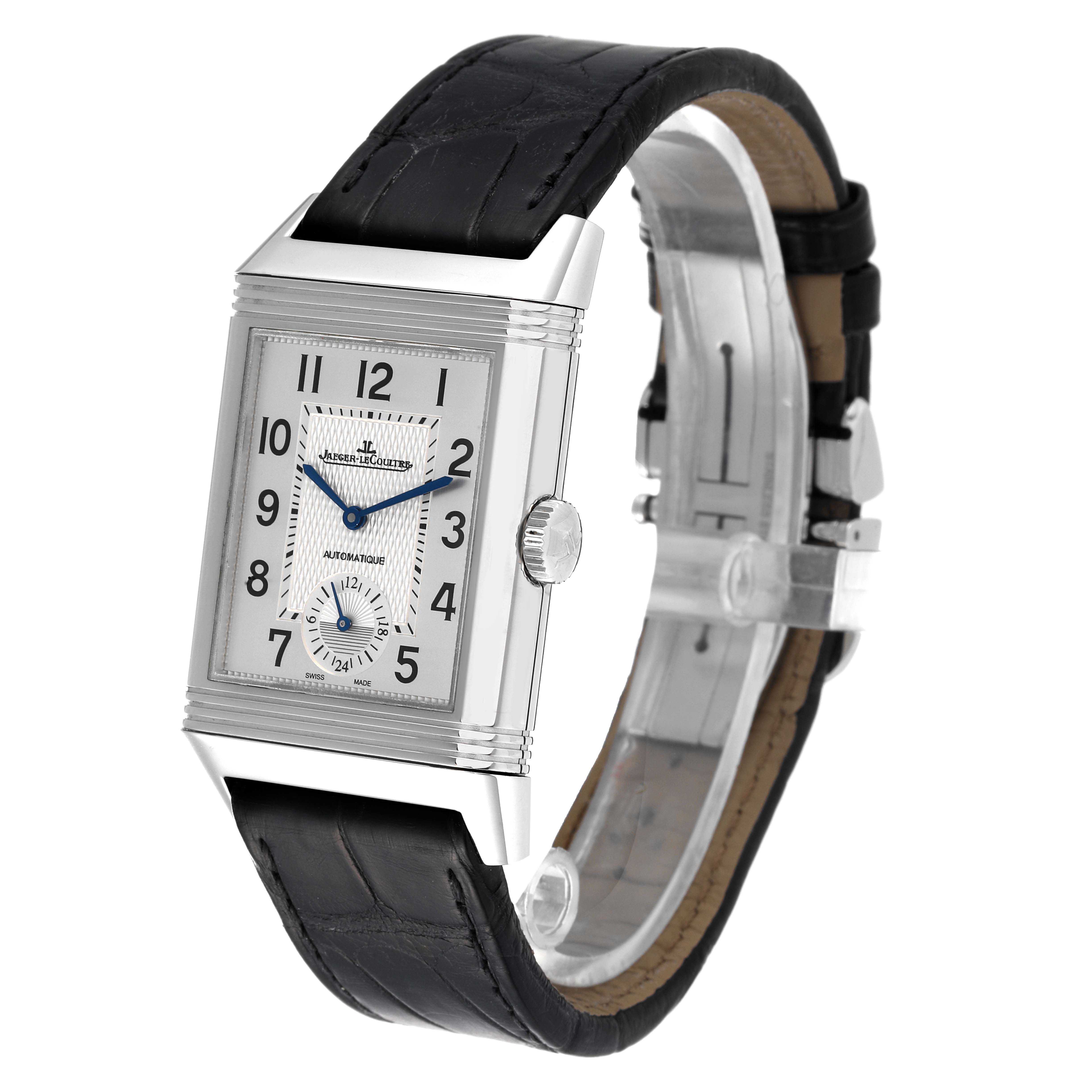 The Jaeger LeCoultre Reverso Q3838420 Men
s Stainless Steel Silver Dial Q3838420 Men
s Stainless Steel Silver Dial watch is shown at an angle displaying the face, rectangular case, crown, and leather strap.
