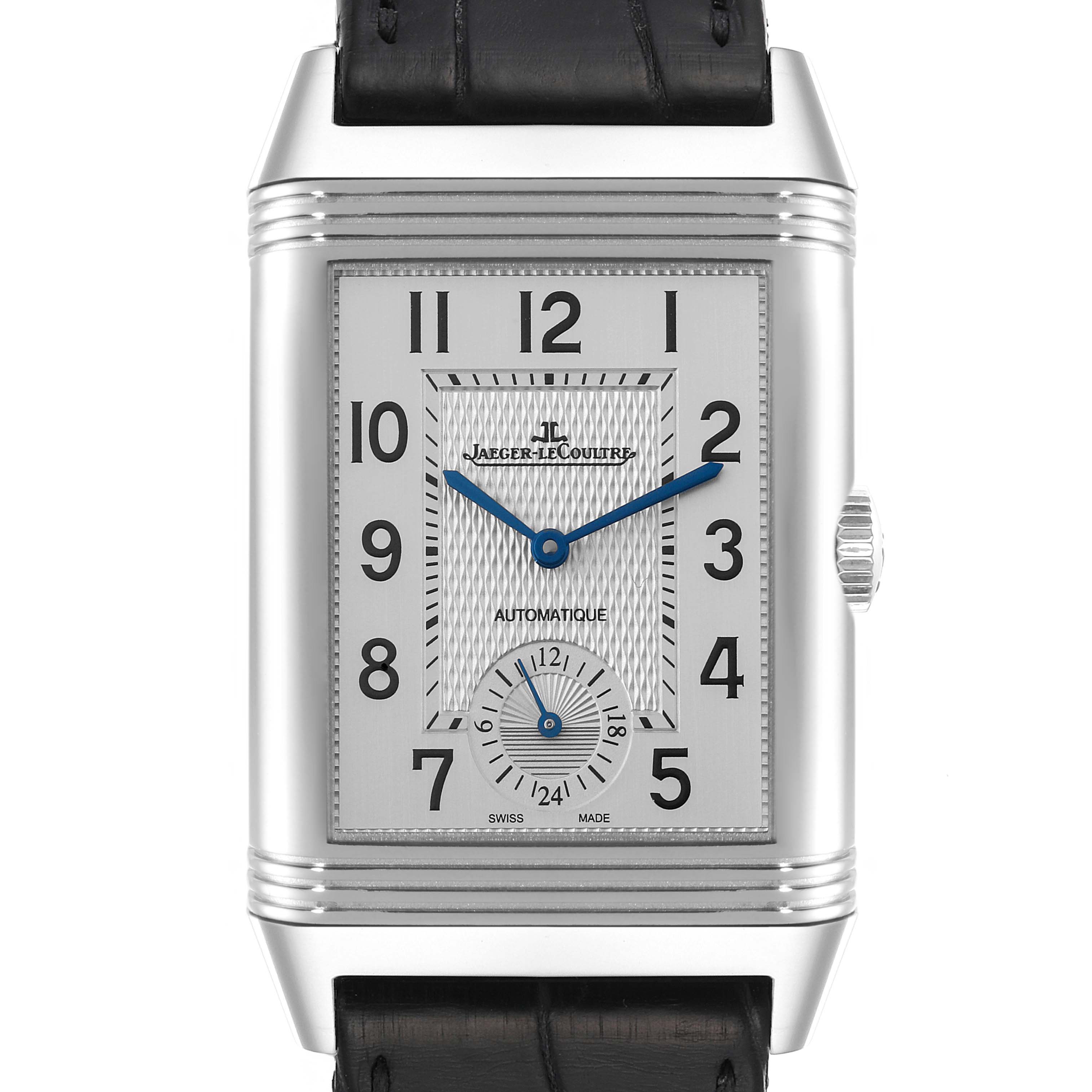 The image shows the front view of the Jaeger LeCoultre Reverso Q3838420 Men
s Stainless Steel Silver Dial Q3838420 Men
s Stainless Steel Silver Dial watch, displaying its face, case, and part of the leather strap.