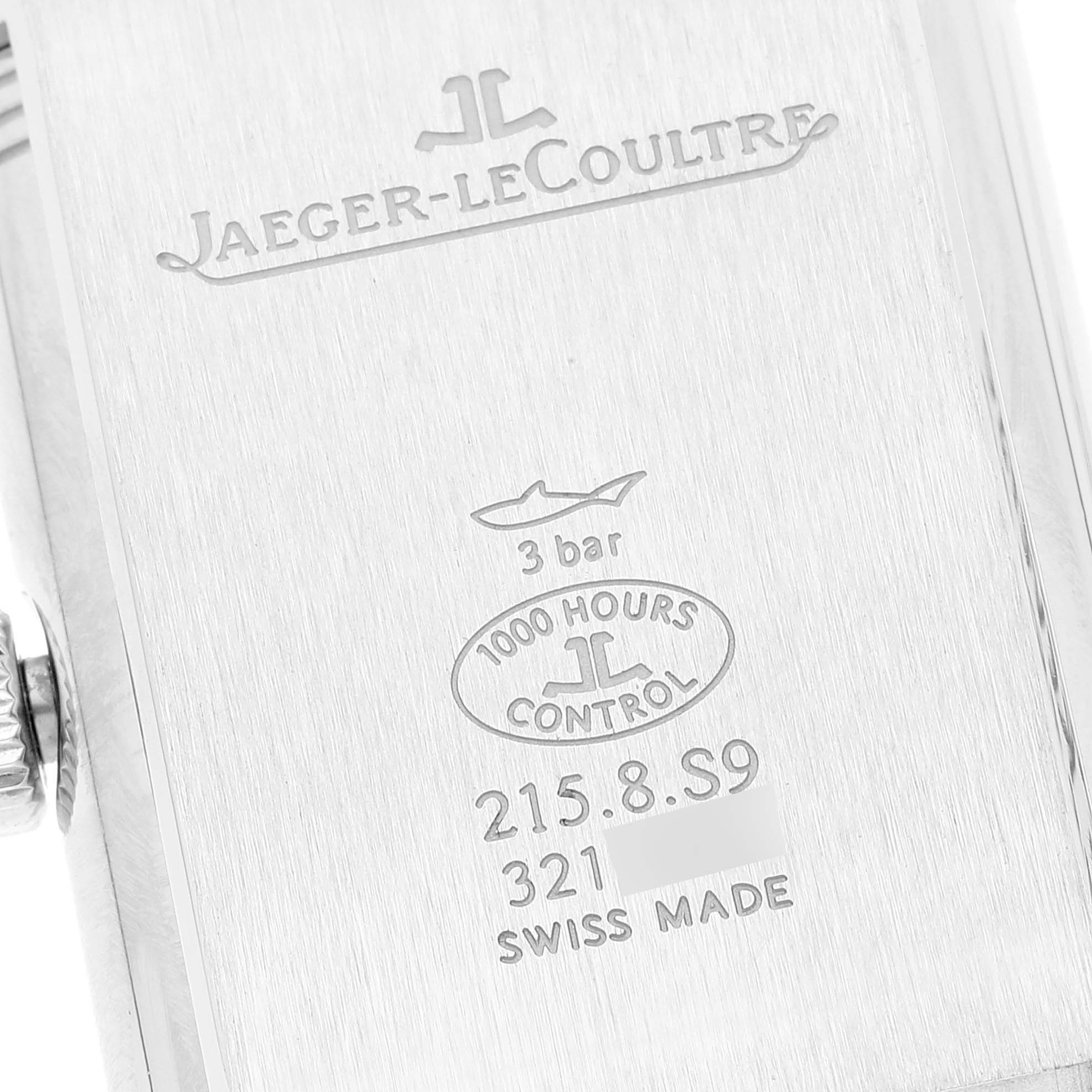 This image shows the back case of a Reverso model watch by Jaeger-LeCoultre, displaying branding and specifications.