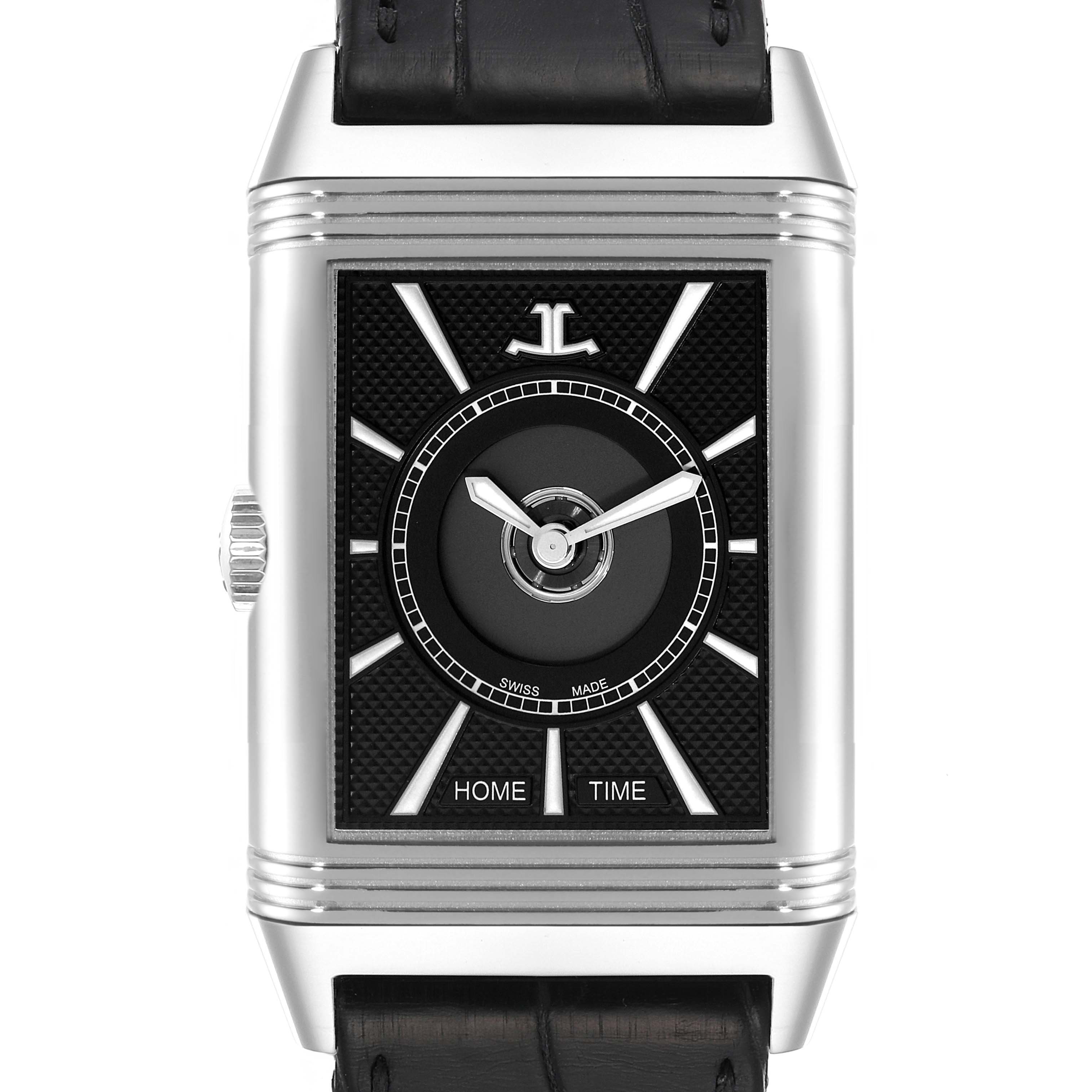 The image shows a front view of the Jaeger LeCoultre Reverso Q3838420 Men
s Stainless Steel Silver Dial Q3838420 Men
s Stainless Steel Silver Dial watch, featuring its dial and part of the strap.