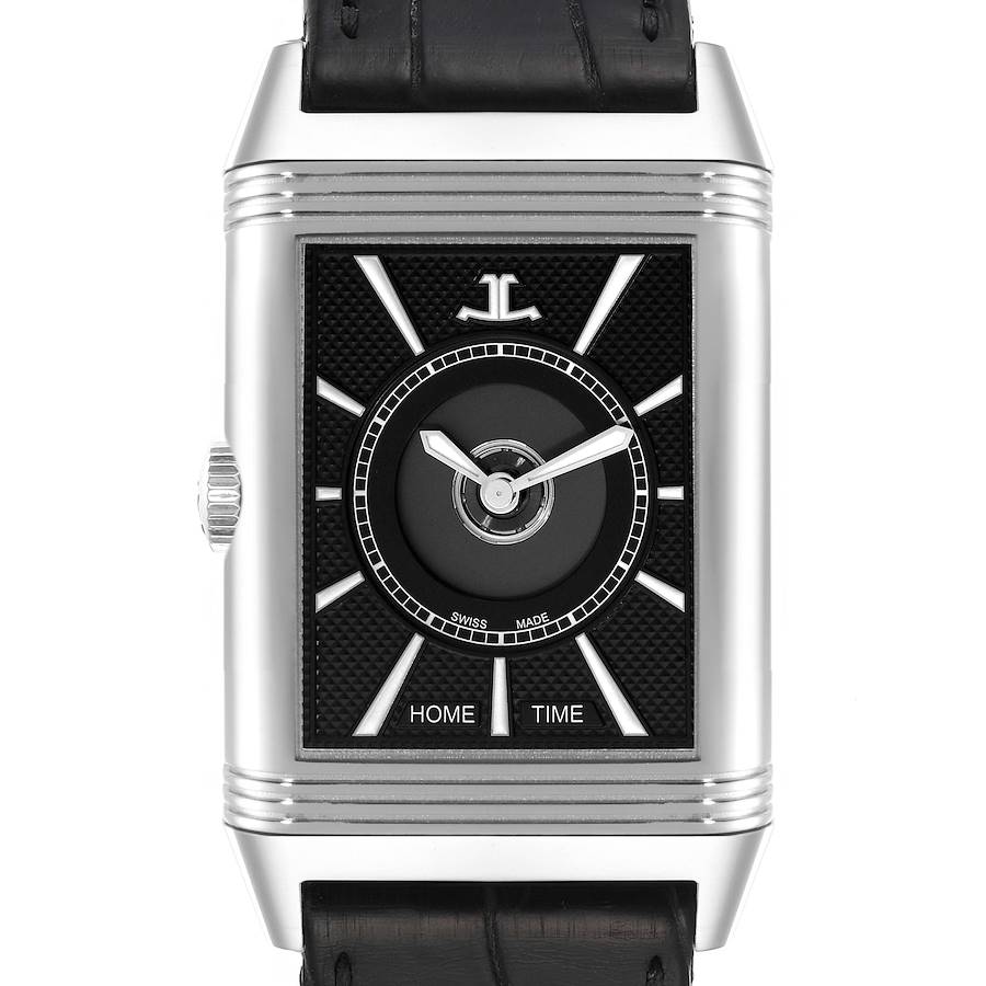 The image shows a front view of the Jaeger LeCoultre Reverso watch, featuring its dial and part of the strap.