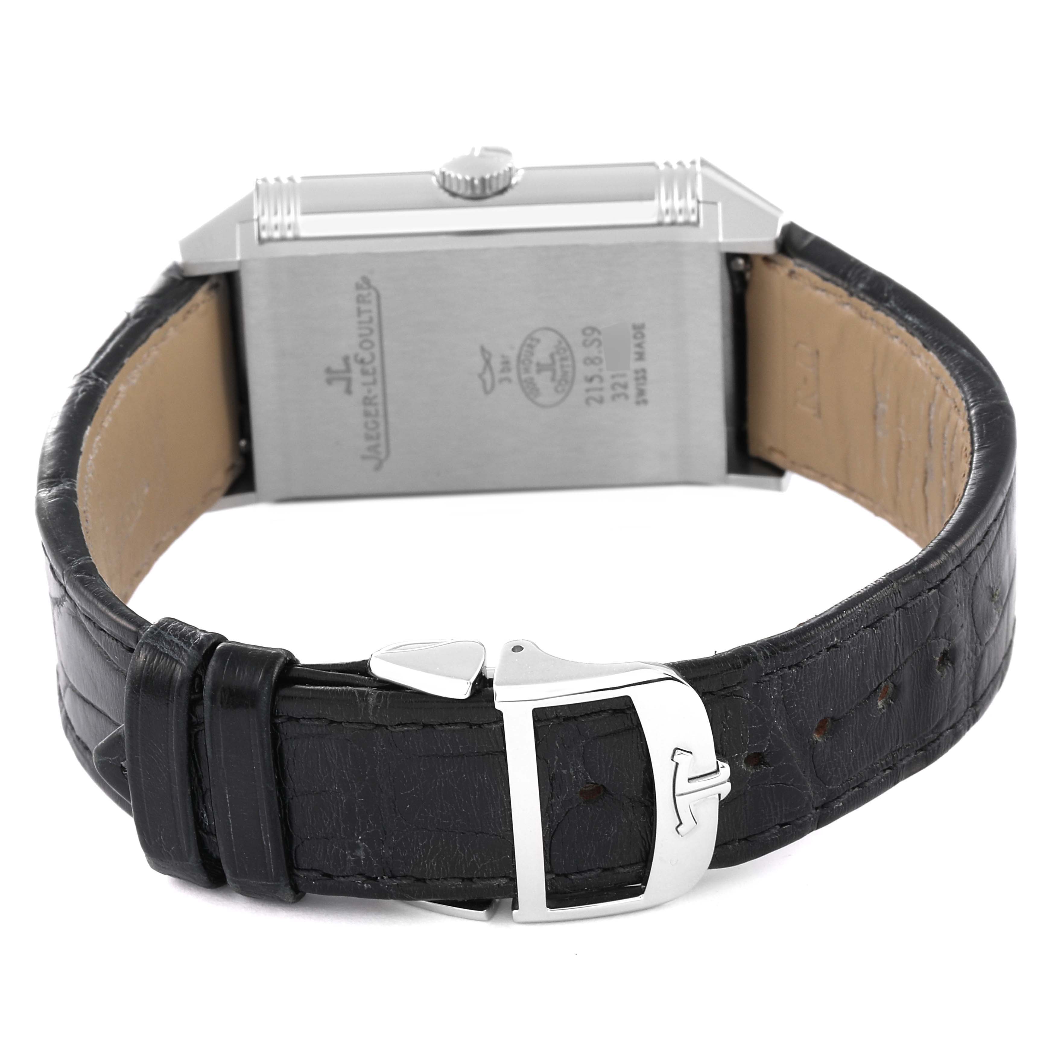 This image shows the back view of a Jaeger LeCoultre Reverso Q3838420 Men
s Stainless Steel Silver Dial Q3838420 Men
s Stainless Steel Silver Dial watch, highlighting the case, buckle, and leather strap.