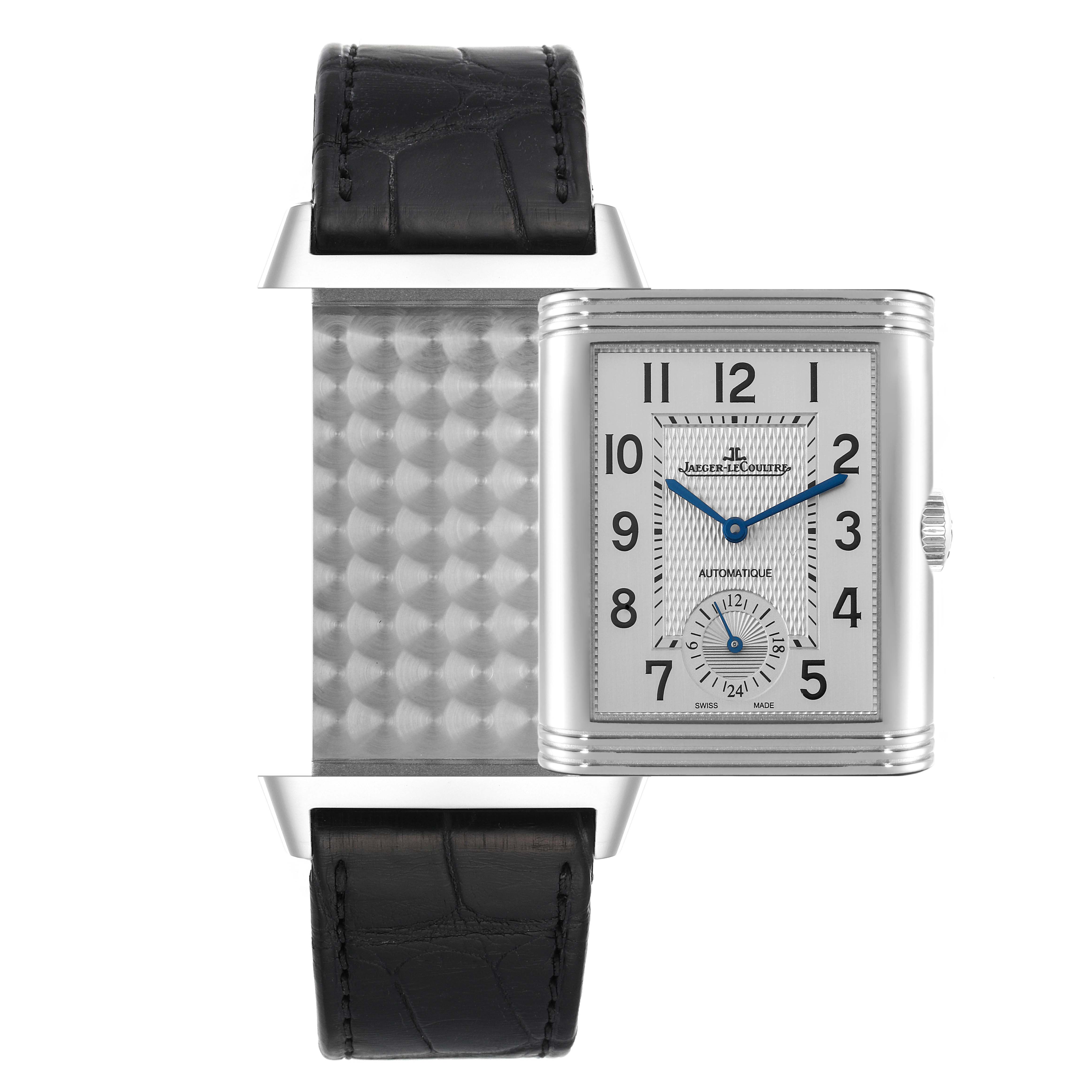 The Jaeger LeCoultre Reverso Q3838420 Men
s Stainless Steel Silver Dial Q3838420 Men
s Stainless Steel Silver Dial watch is shown in a front angle, displaying its face and detailing the reversible back.