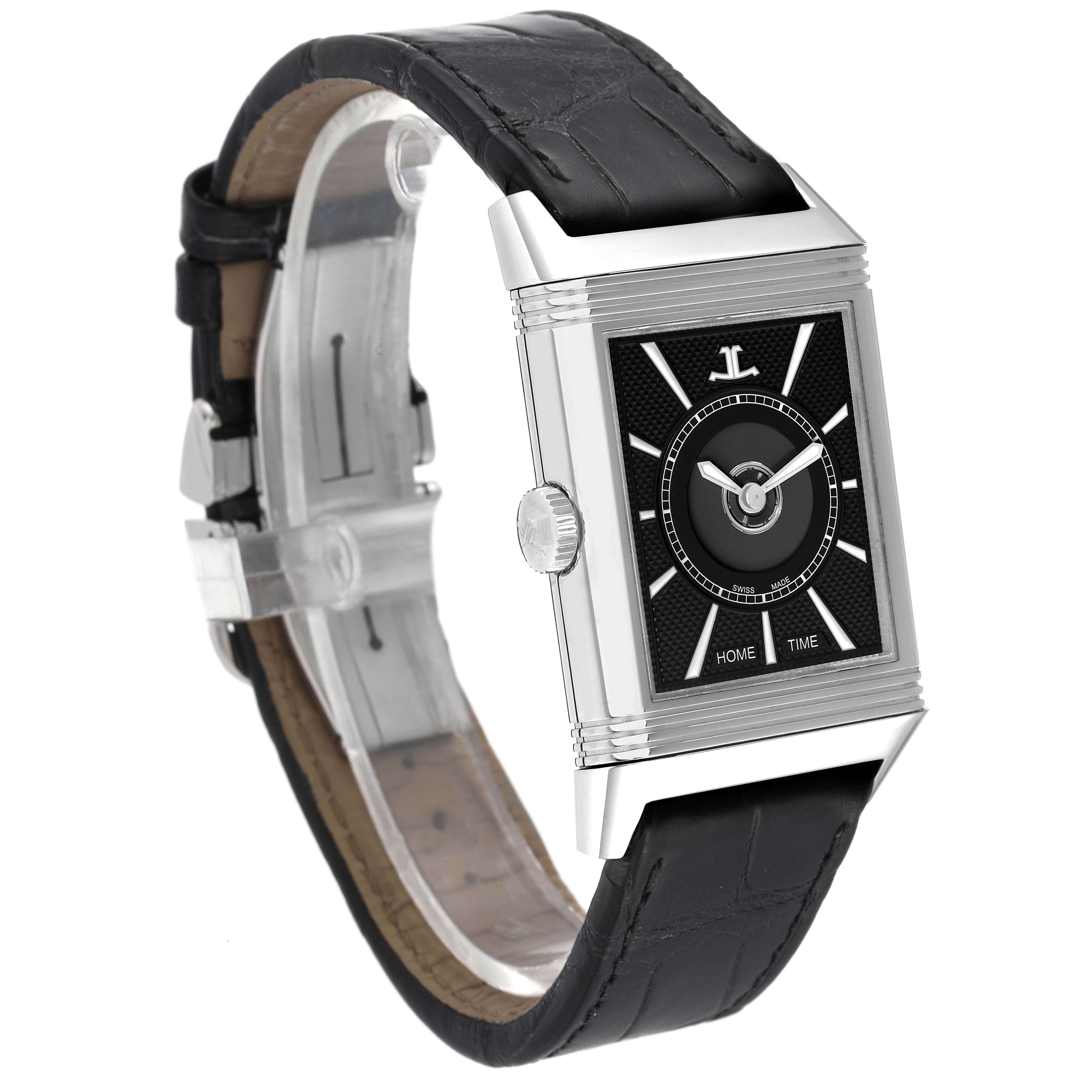 The Jaeger-LeCoultre Reverso watch is shown from a front angle, highlighting its face, strap, and crown.