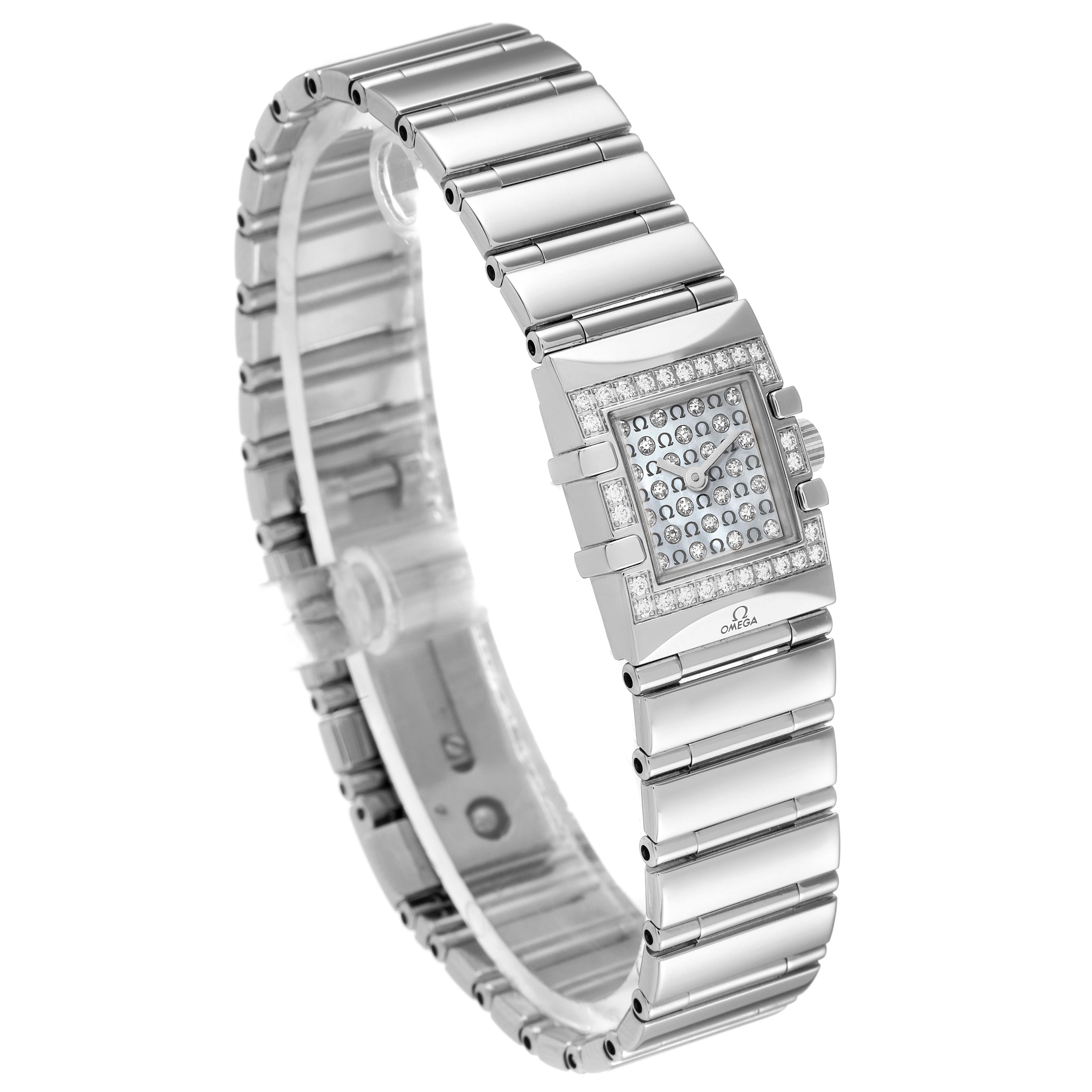 The Omega 1539.77.00 Women
s Stainless Steel Mother of Pearl Dial 1539.77.00 Women
s Stainless Steel Mother of Pearl Dial Constellation Quadra MOP Diamond Steel Ladies Watch 1539.77.00 is shown at an angled side view highlighting the bracelet and diamond-studded square face.