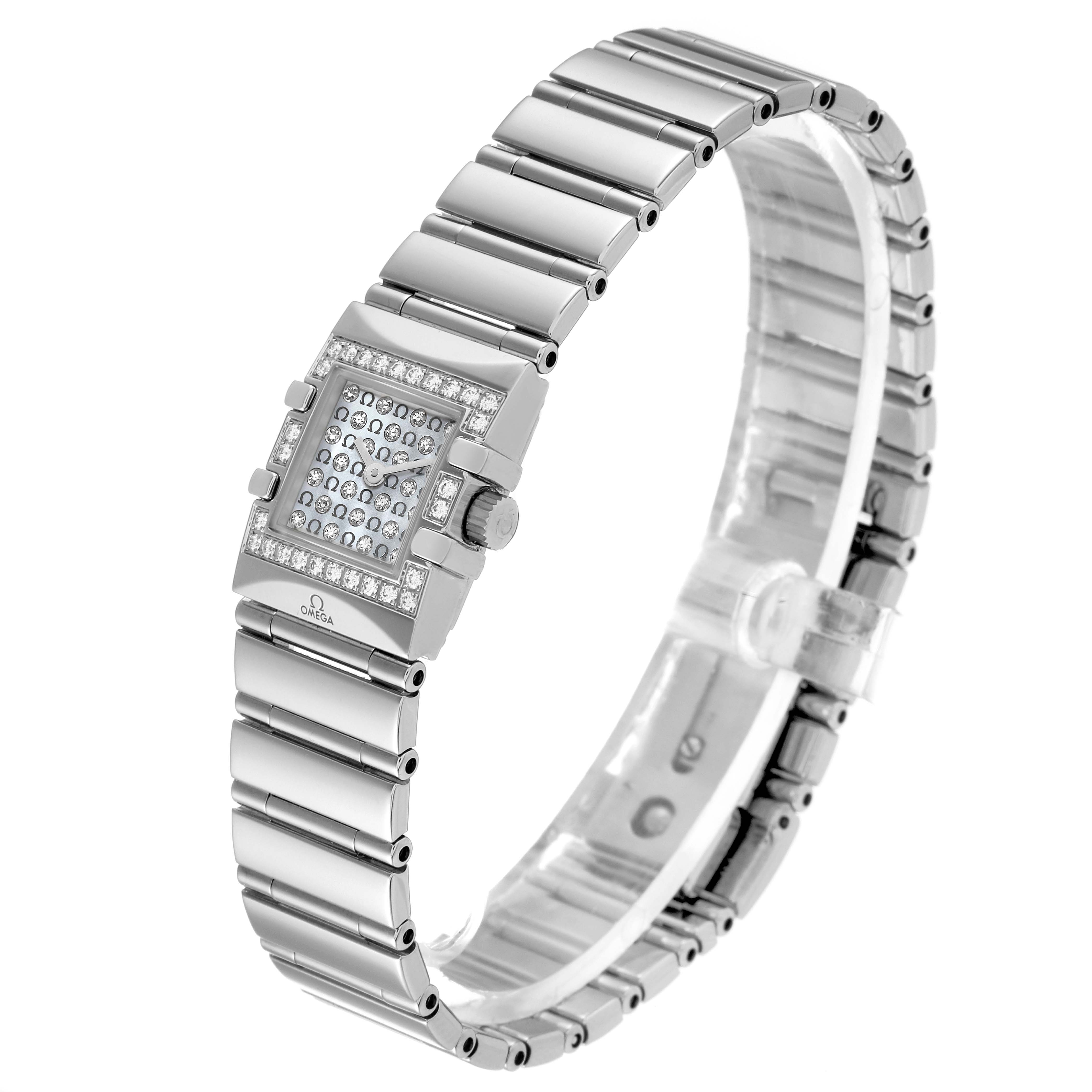 The image shows a close-up angle of the Omega 1539.77.00 Women
s Stainless Steel Mother of Pearl Dial 1539.77.00 Women
s Stainless Steel Mother of Pearl Dial Constellation Quadra MOP Diamond Steel Ladies Watch 1539.77.00 with its band fully visible.