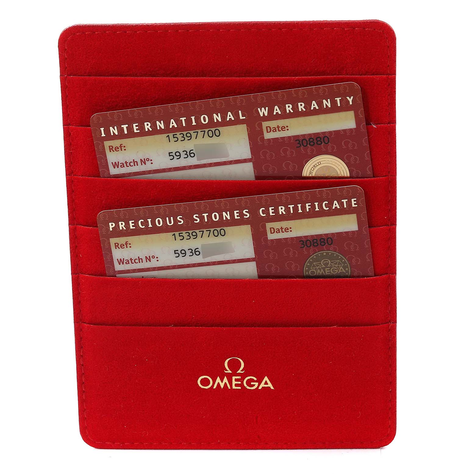 The image shows the warranty and certificate cards for the Omega 1539.77.00 Women
s Stainless Steel Mother of Pearl Dial 1539.77.00 Women
s Stainless Steel Mother of Pearl Dial Constellation Quadra MOP Diamond Steel Ladies Watch 1539.77.00 in a red cardholder.