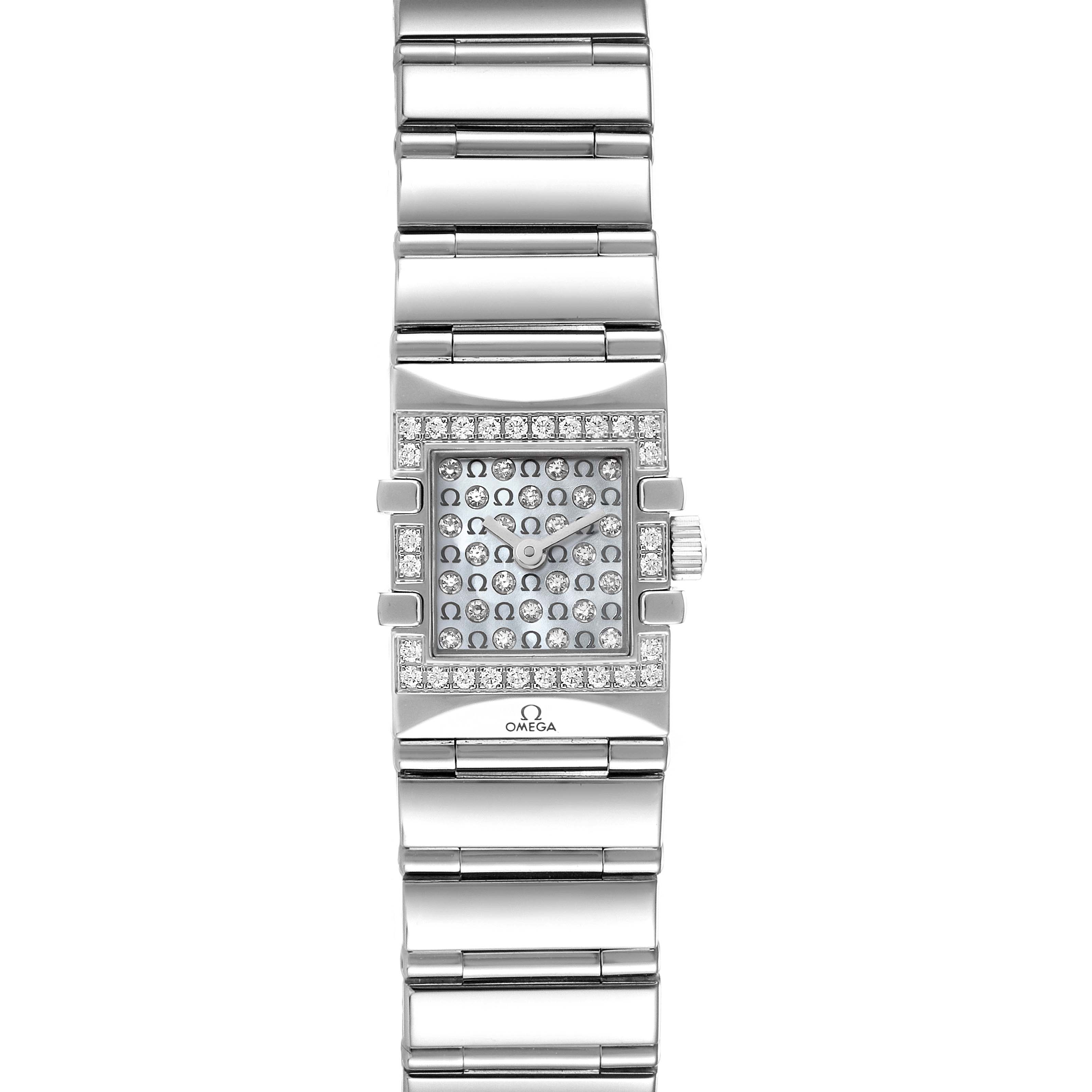 The image shows a full frontal view of the Omega 1539.77.00 Women
s Stainless Steel Mother of Pearl Dial 1539.77.00 Women
s Stainless Steel Mother of Pearl Dial Constellation Quadra MOP Diamond Steel Ladies Watch 1539.77.00, highlighting the dial and bracelet.